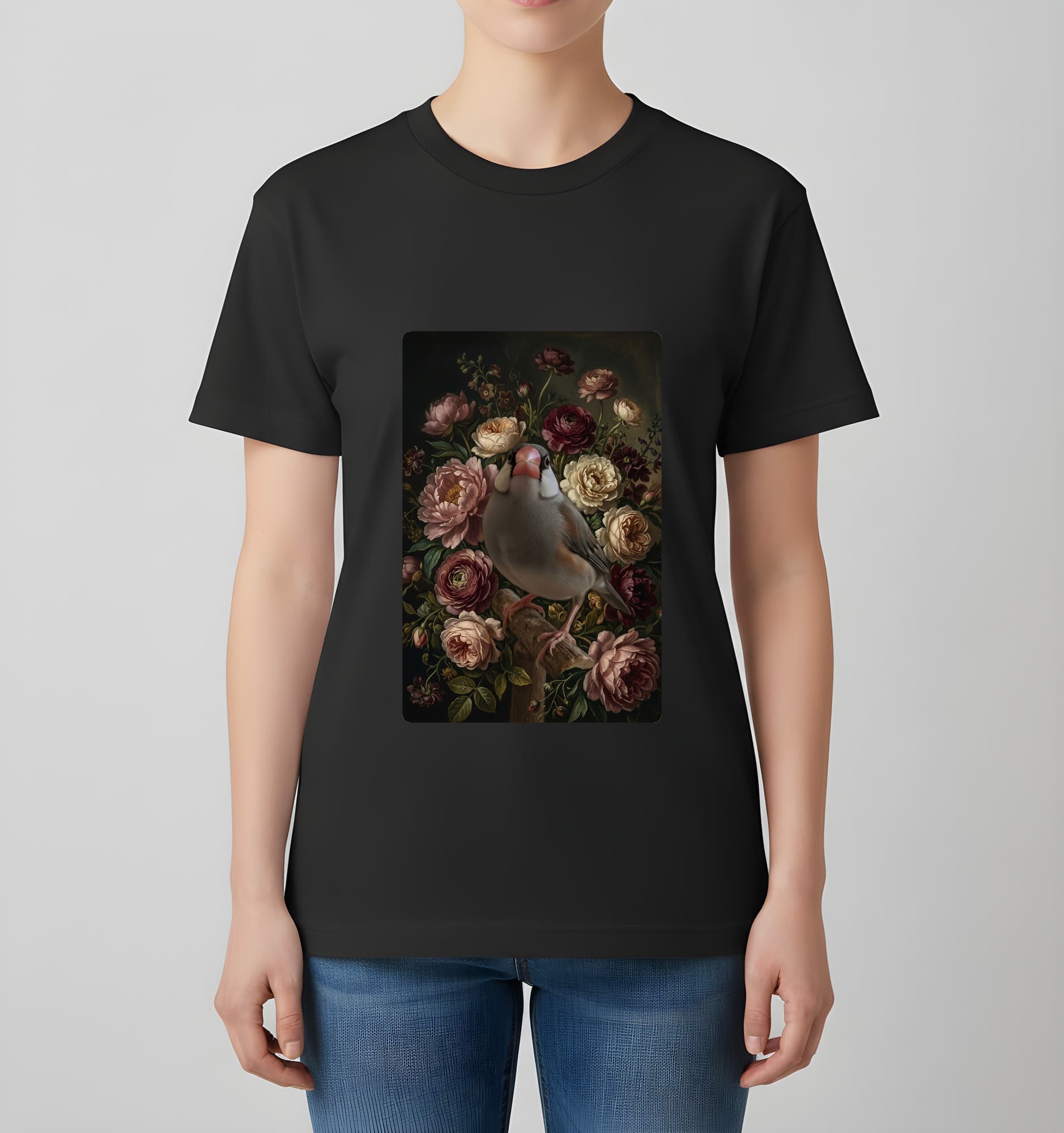 Java sparrow Floral Oil-Painting Floral T-Shirt (Black) 4