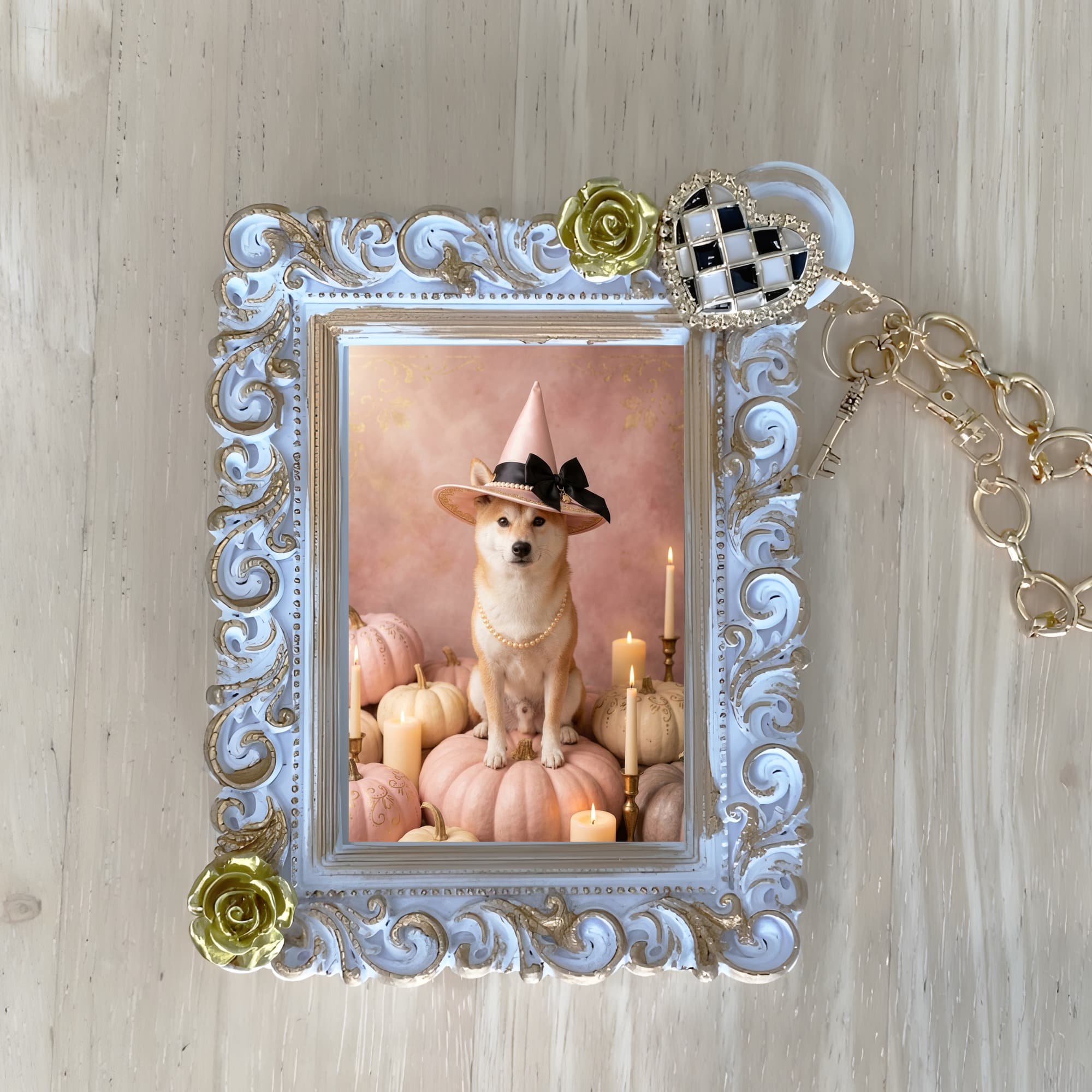 Shiba Inu Pumpkin & Candlelight Oil-Painting Halloween Bag Charm (White)