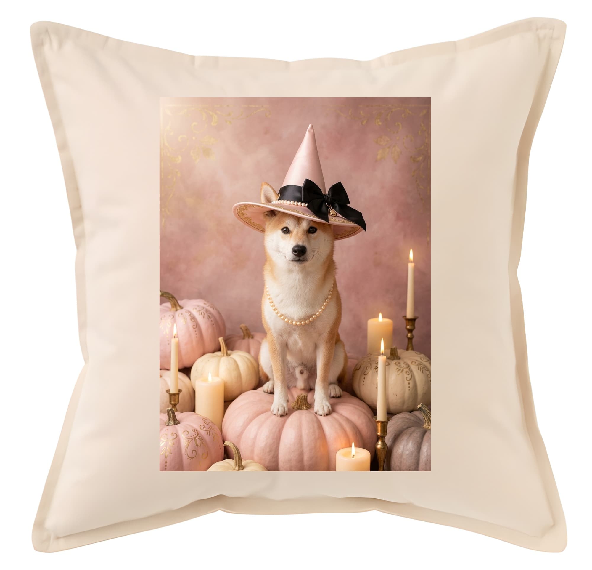 Shiba Inu Pumpkin & Candlelight Oil-Painting Halloween Cushion