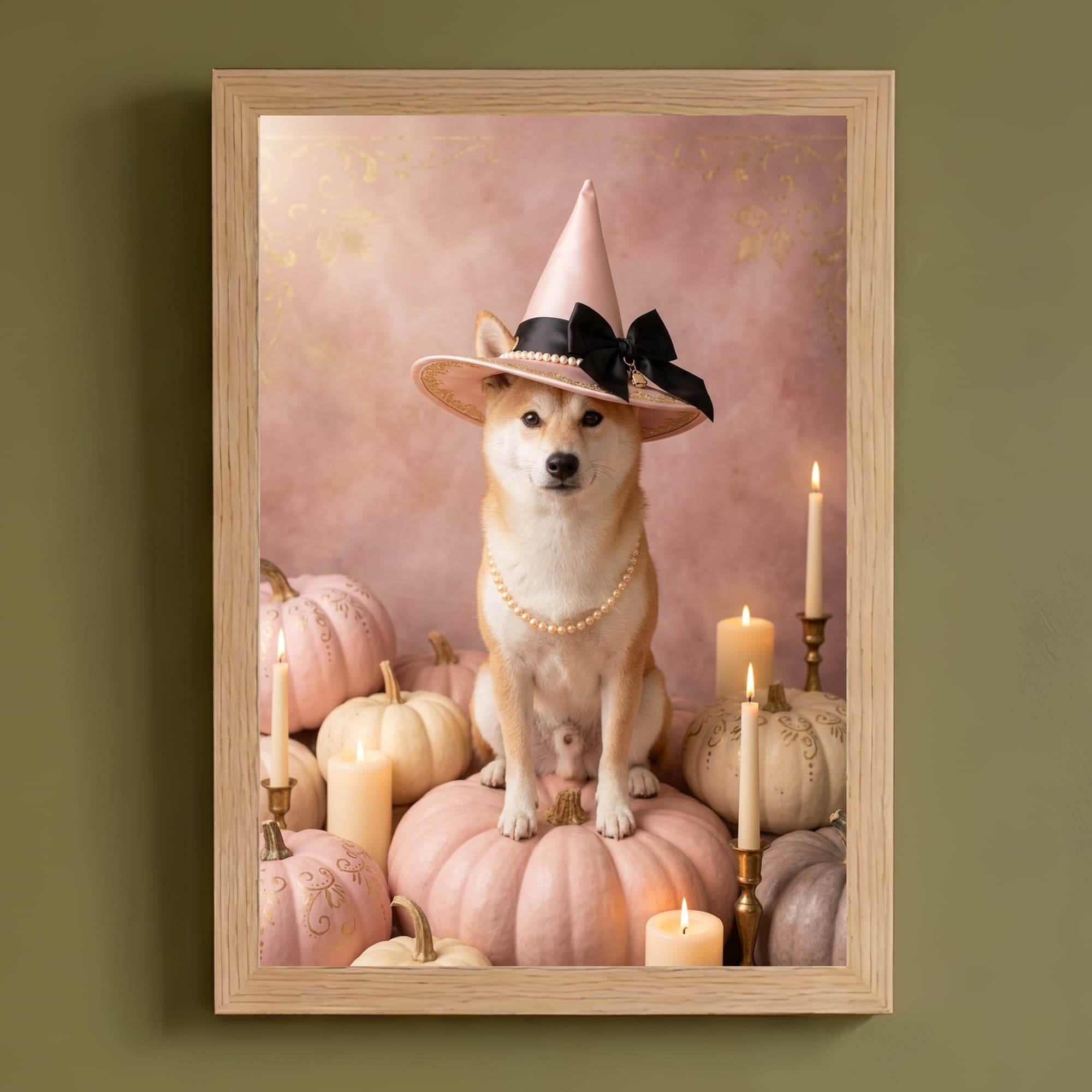 Shiba Inu Pumpkin & Candlelight Oil-Painting Halloween Framed Art Print (A4)