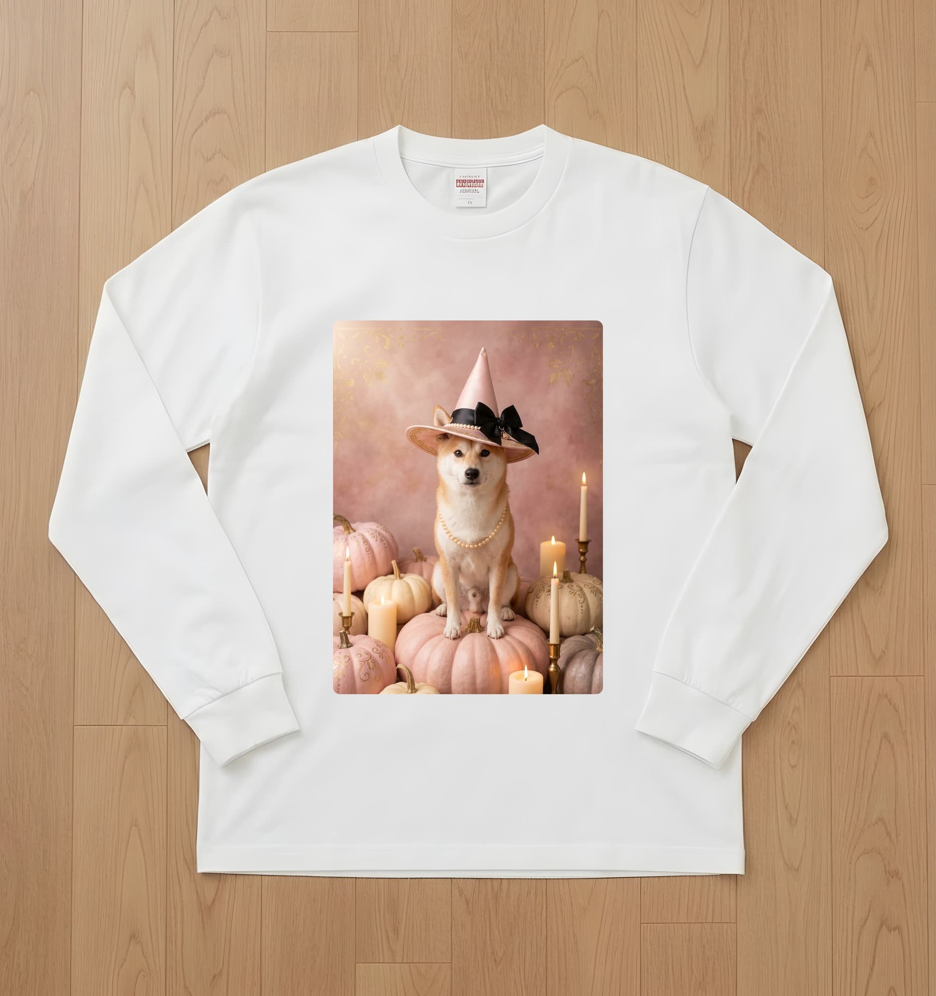 柴犬のかぼちゃとキャンドルの油絵風アートハロウィン長袖Tシャツ(ホワイト)