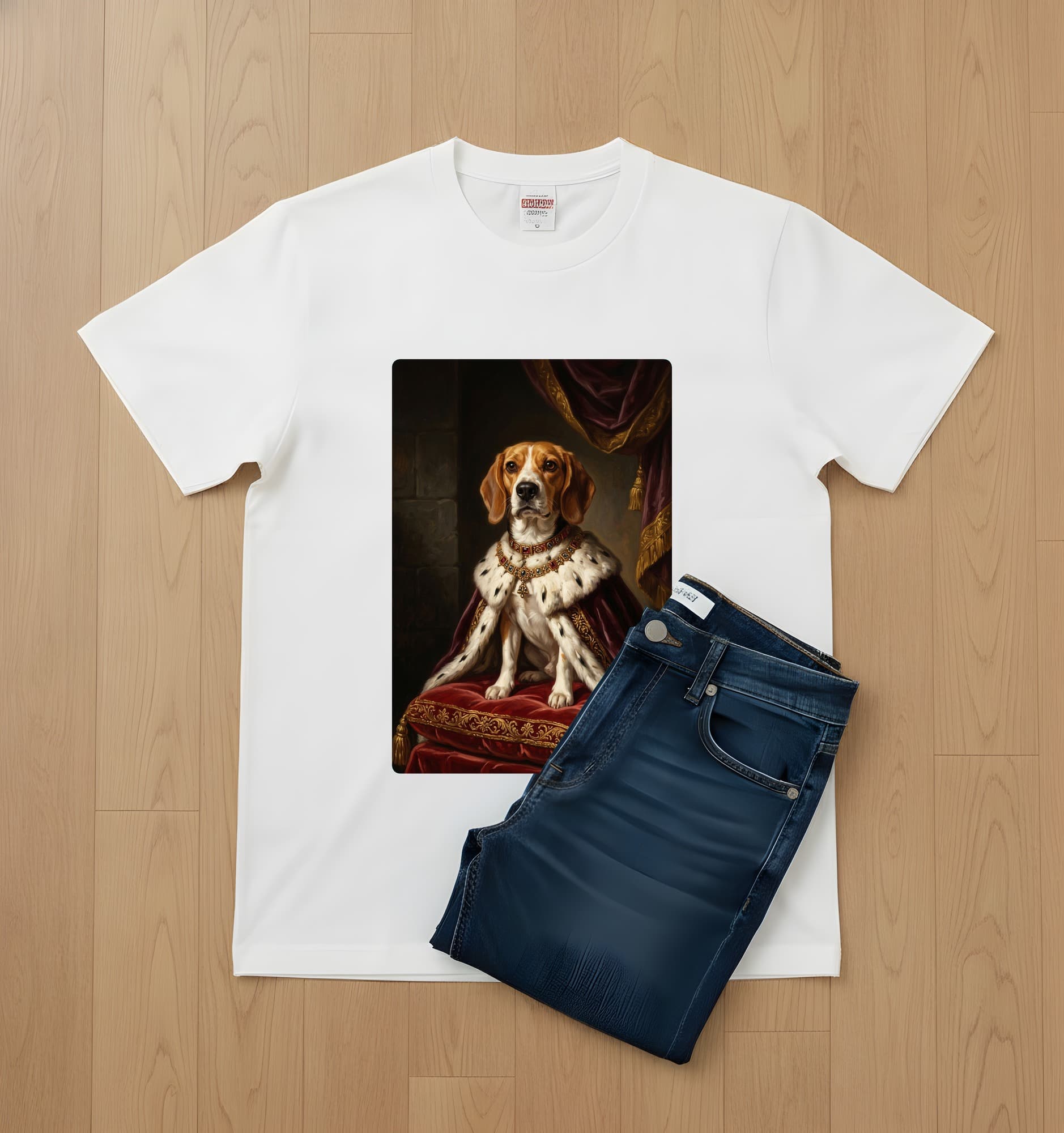 ビーグルのルネサンス肖像画Tシャツ(ホワイト・カラープリント・額縁なし) 2