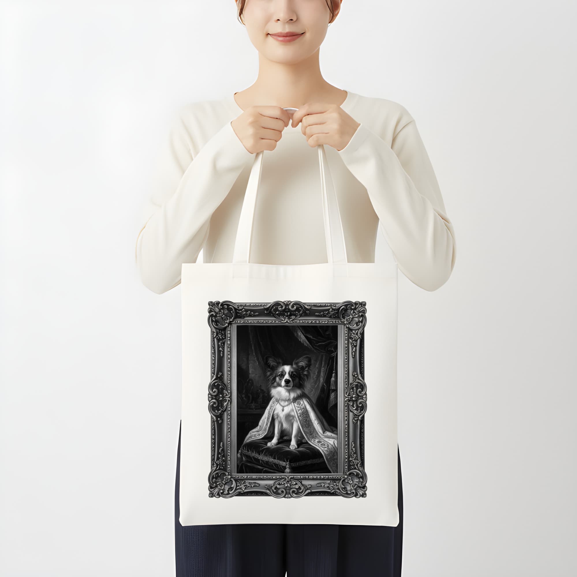 パピヨンのルネサンス肖像画トートバッグ(カラープリント・額縁デザインあり) 3