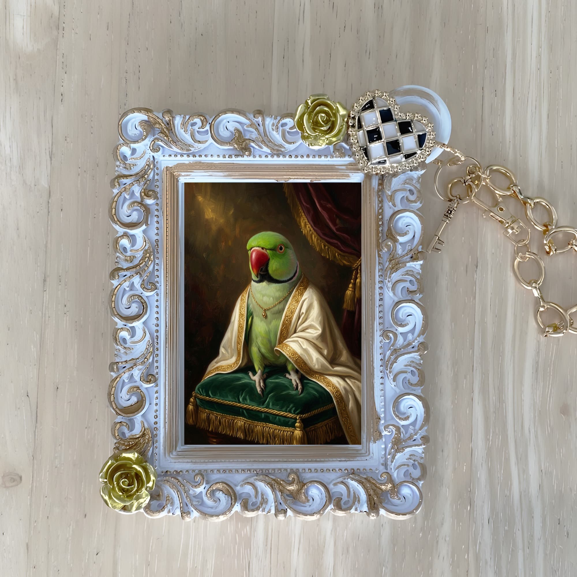 アレクサンドリンインコのルネサンス肖像画バッグチャーム(ホワイト)