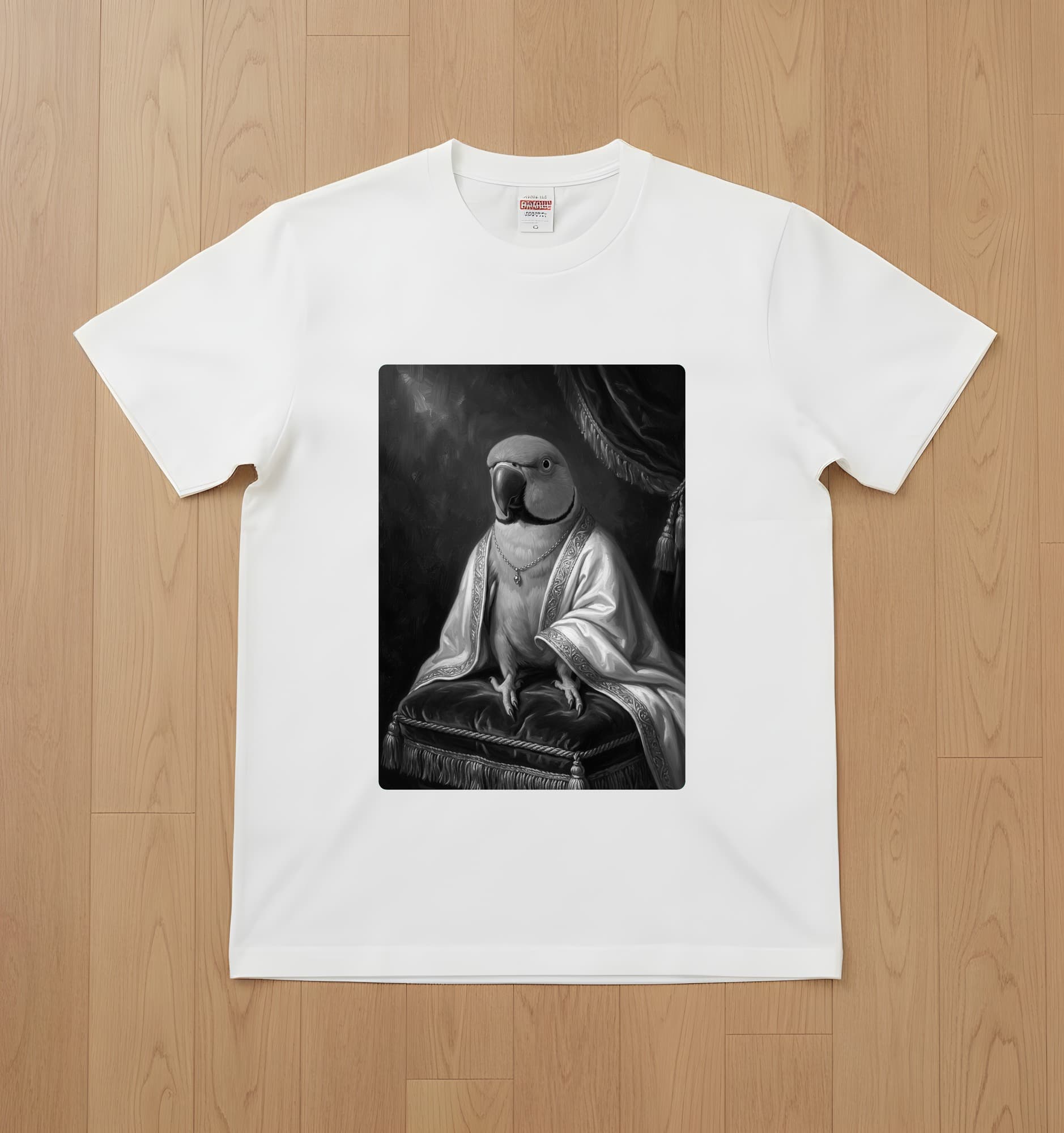 アレクサンドリンインコのルネサンス肖像画Tシャツ(ホワイト・モノクロプリント・額縁なし)