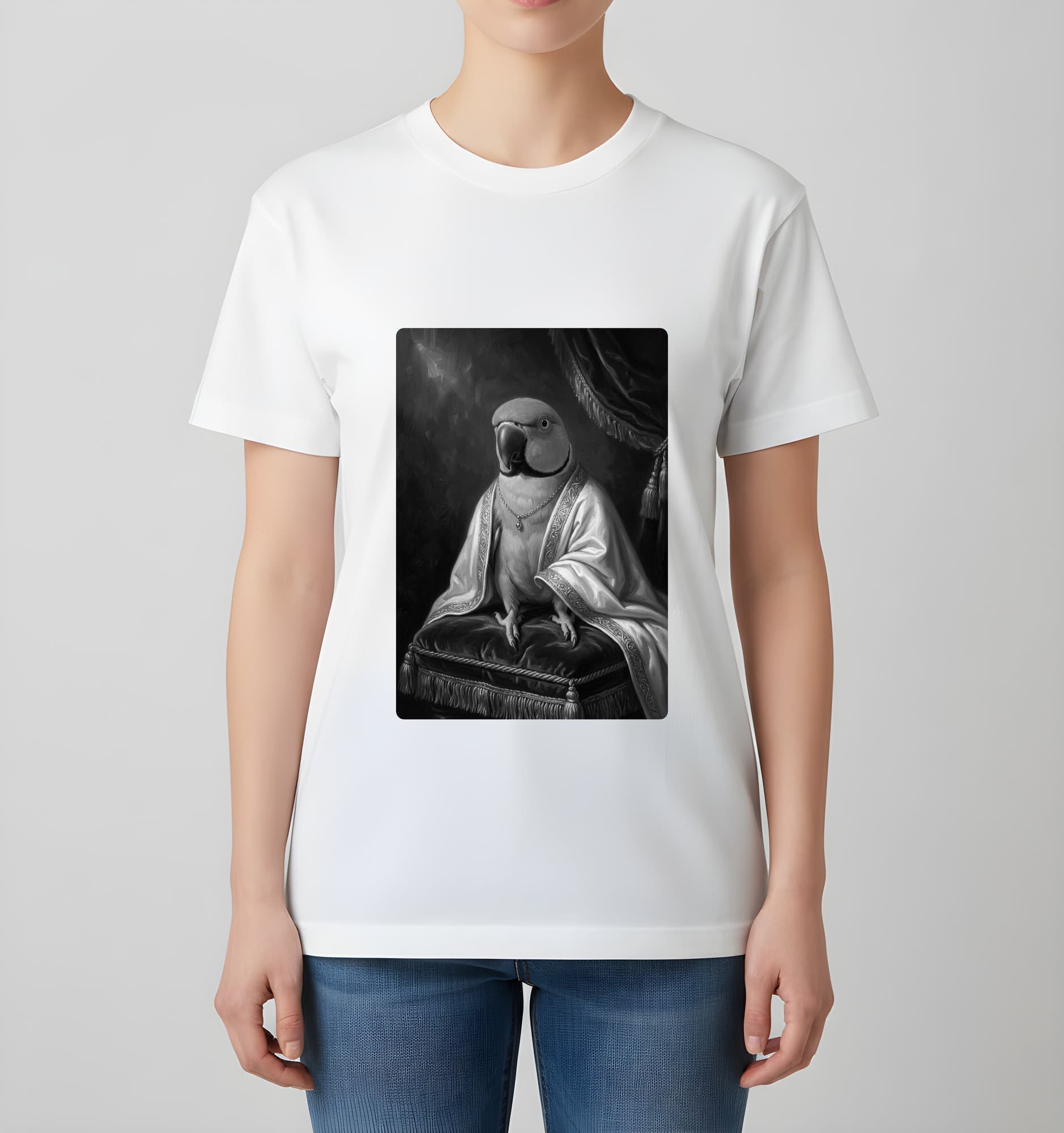 アレクサンドリンインコのルネサンス肖像画Tシャツ(ホワイト・モノクロプリント・額縁なし) 4