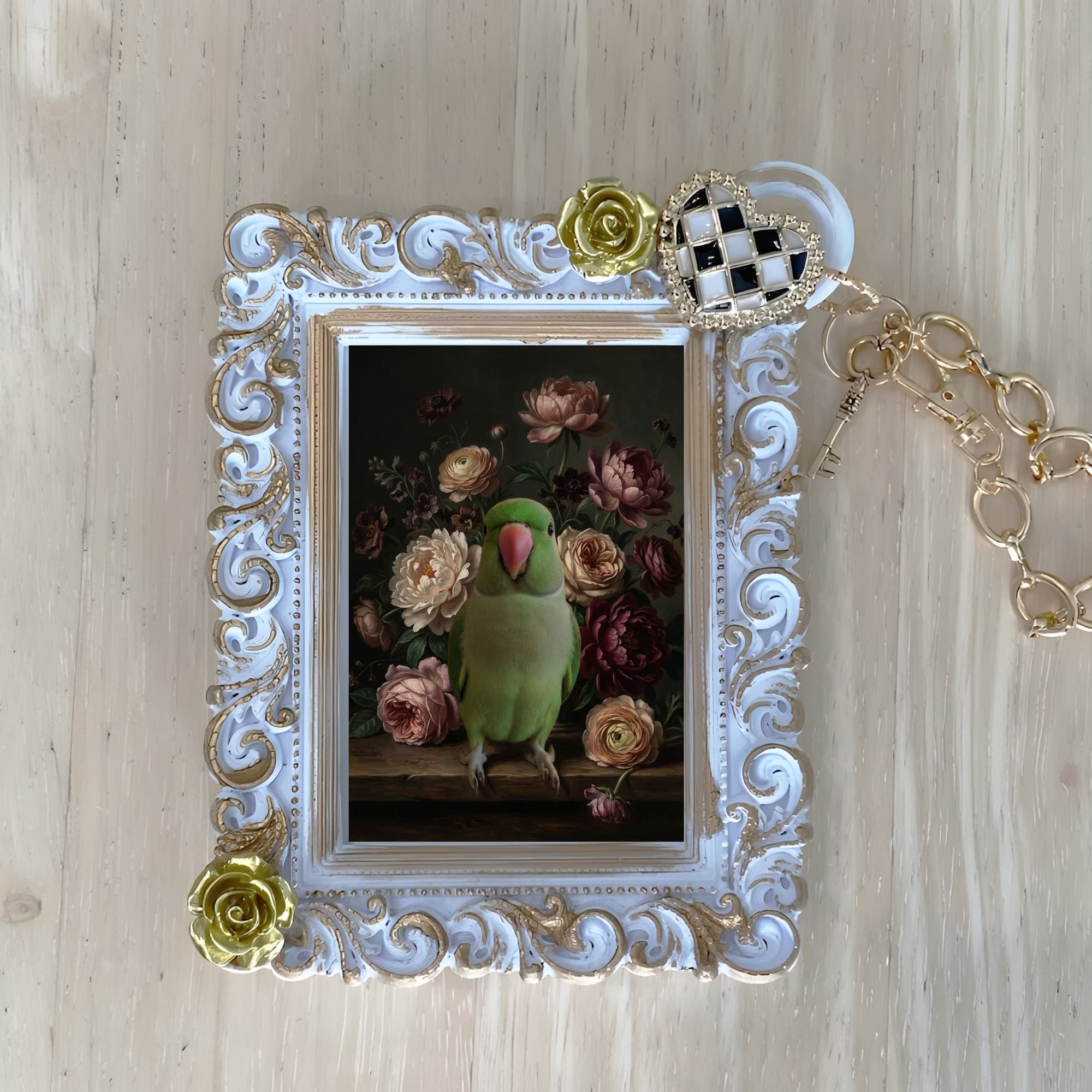Rose-ringed Parakeet Floral Oil-Painting Floral Bag Charm (White)