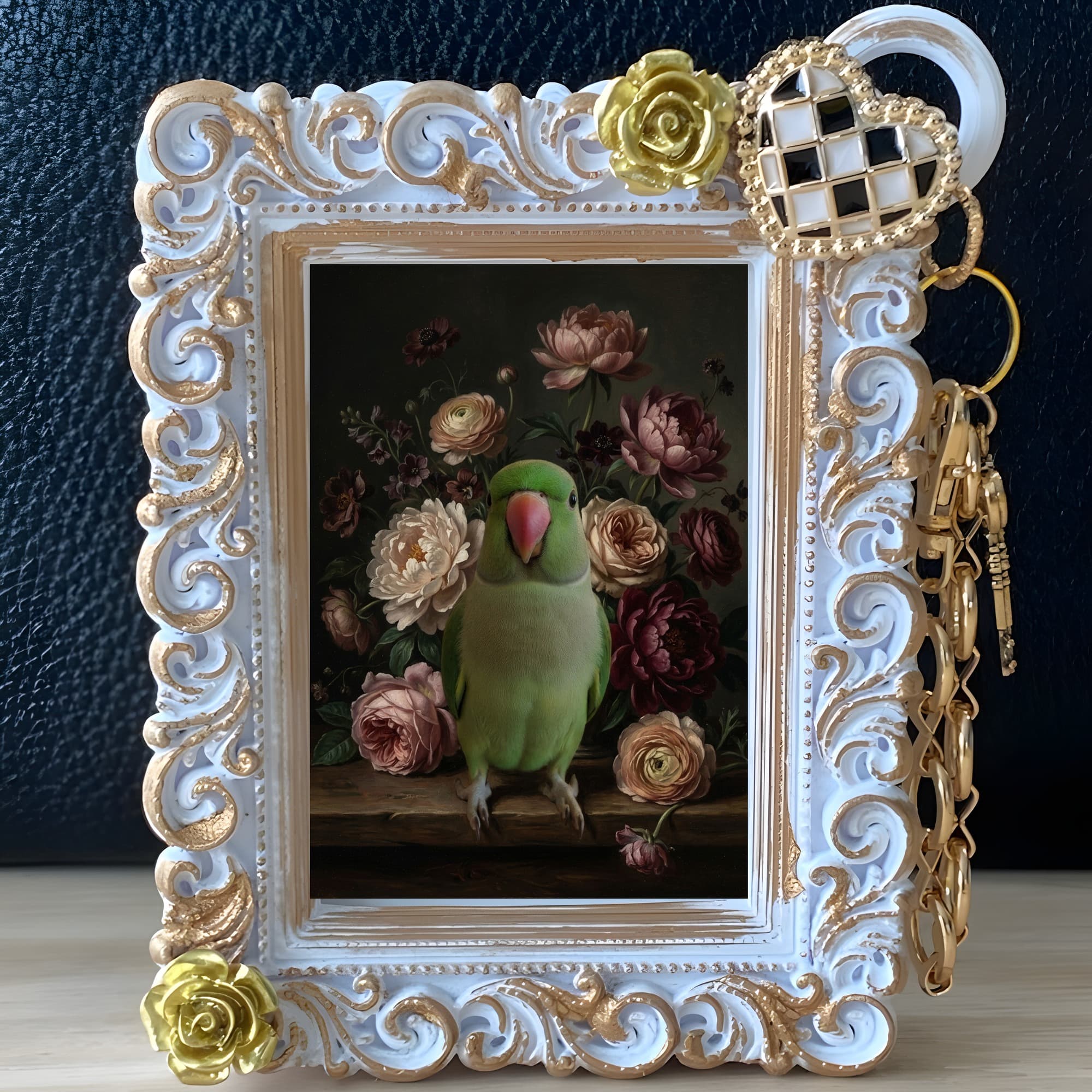 Rose-ringed Parakeet Floral Oil-Painting Floral Bag Charm (White) 2