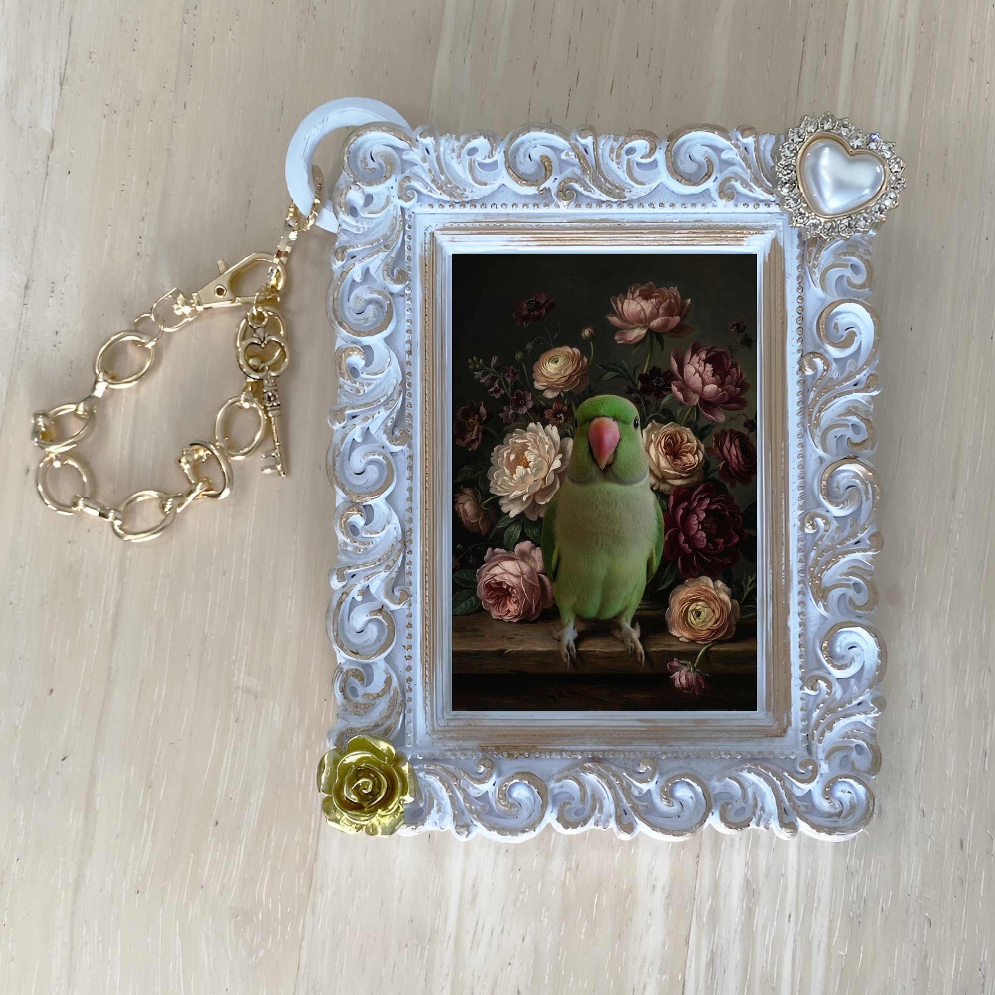 Rose-ringed Parakeet Floral Oil-Painting Floral Bag Charm (White) 4