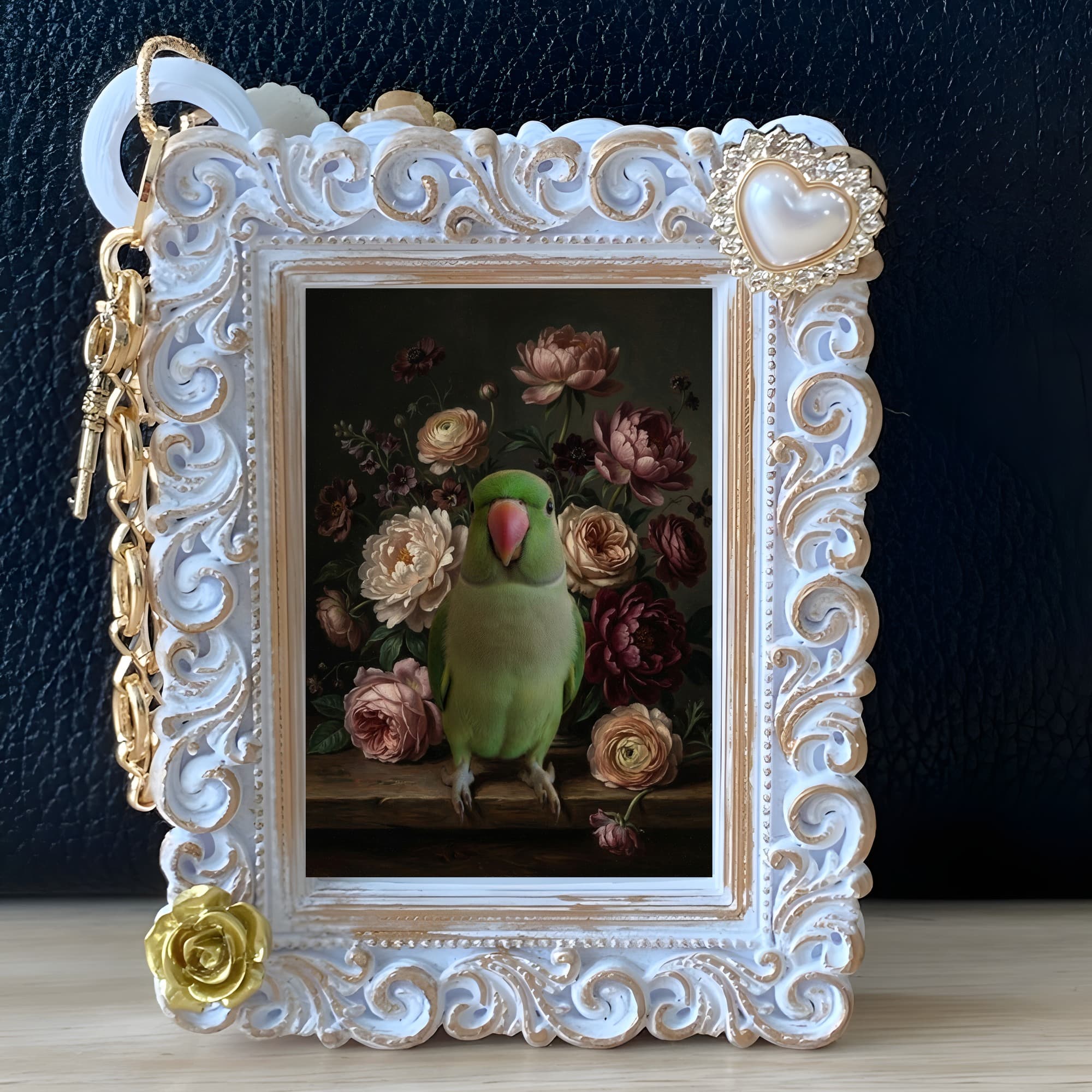 Rose-ringed Parakeet Floral Oil-Painting Floral Bag Charm (White) 5