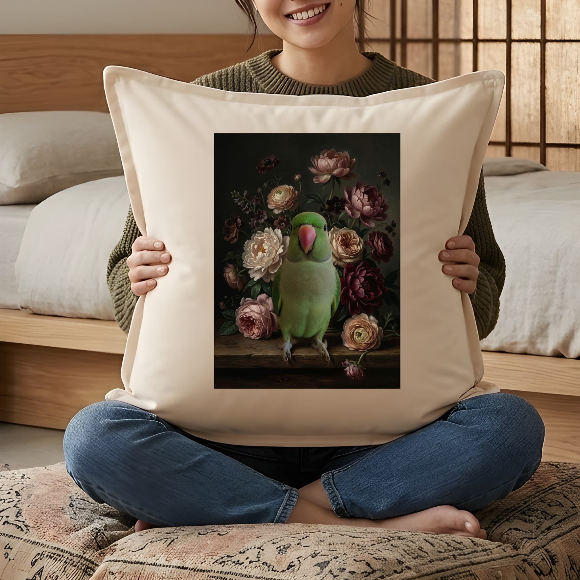 ワカケホンセイインコの花の油絵風アート花柄クッション 3
