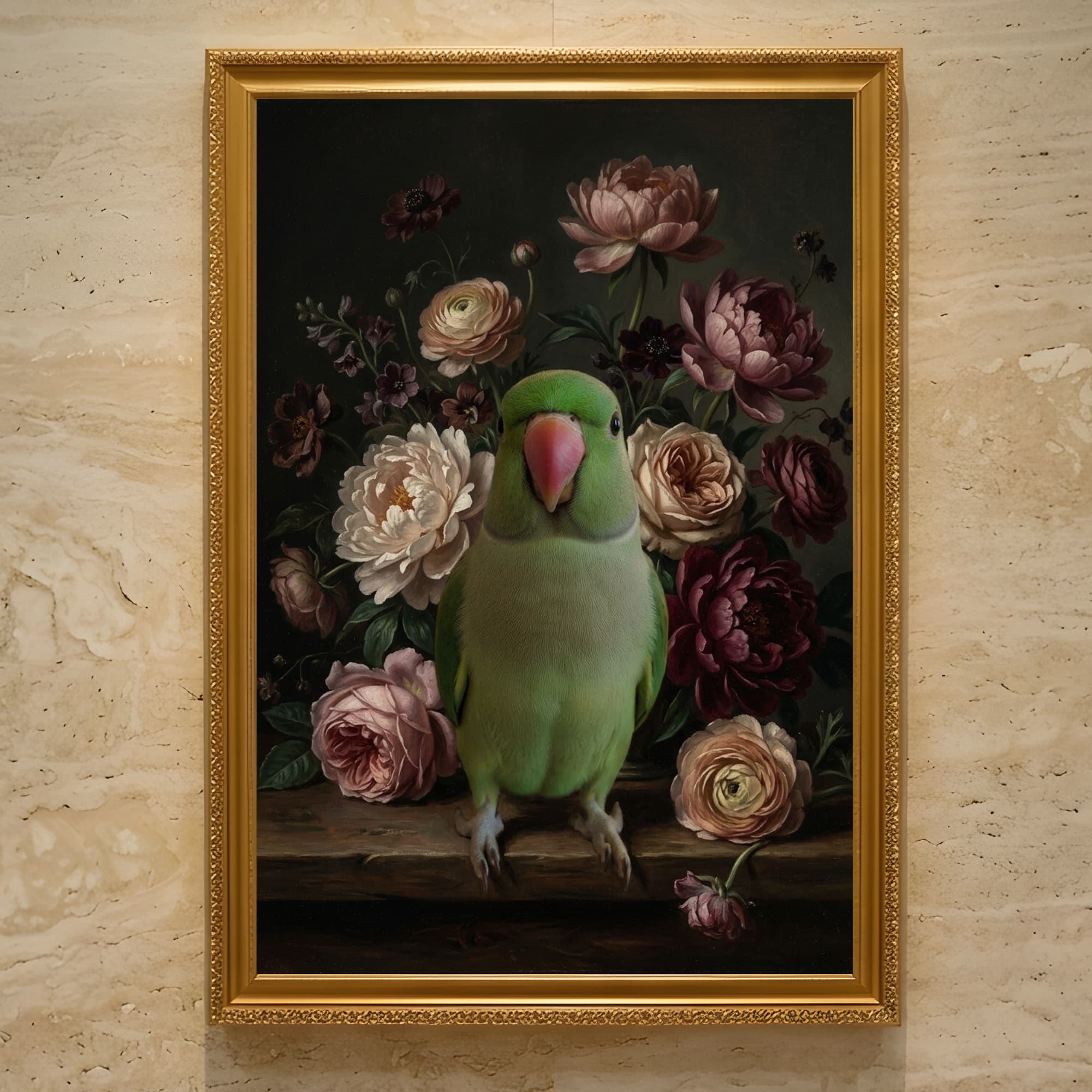 Rose-ringed Parakeet Floral Oil-Painting Floral Framed Art Print (A3)