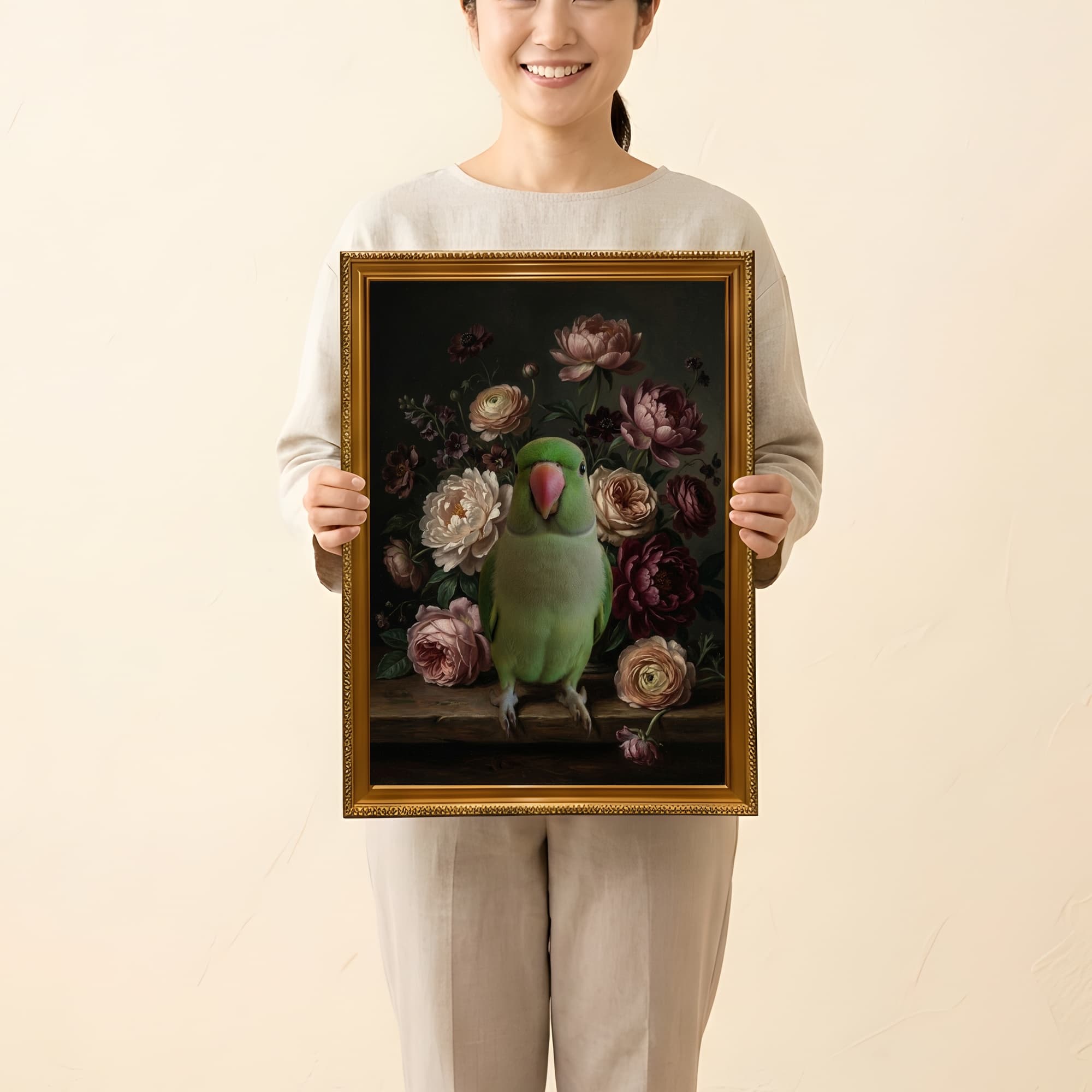 Rose-ringed Parakeet Floral Oil-Painting Floral Framed Art Print (A3) 2