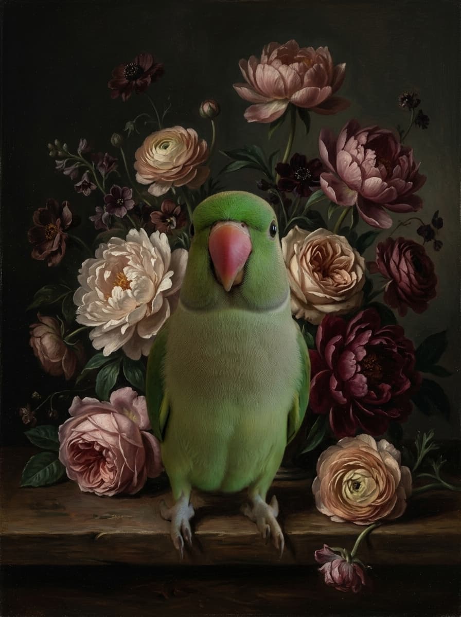 Rose-ringed Parakeet Floral Oil-Painting Floral Framed Art Print (A3) 4