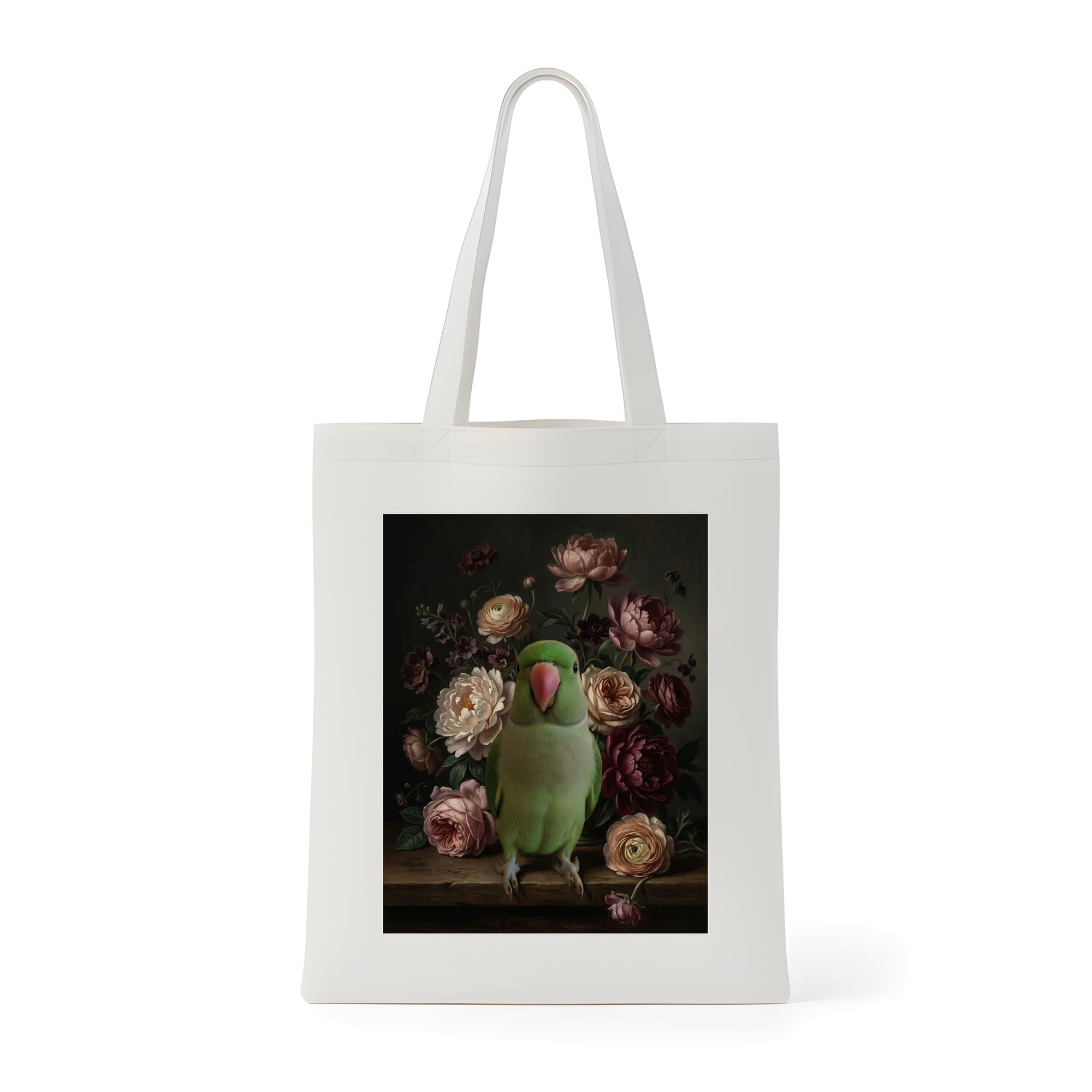 ワカケホンセイインコの花の油絵風アート花柄トートバッグ