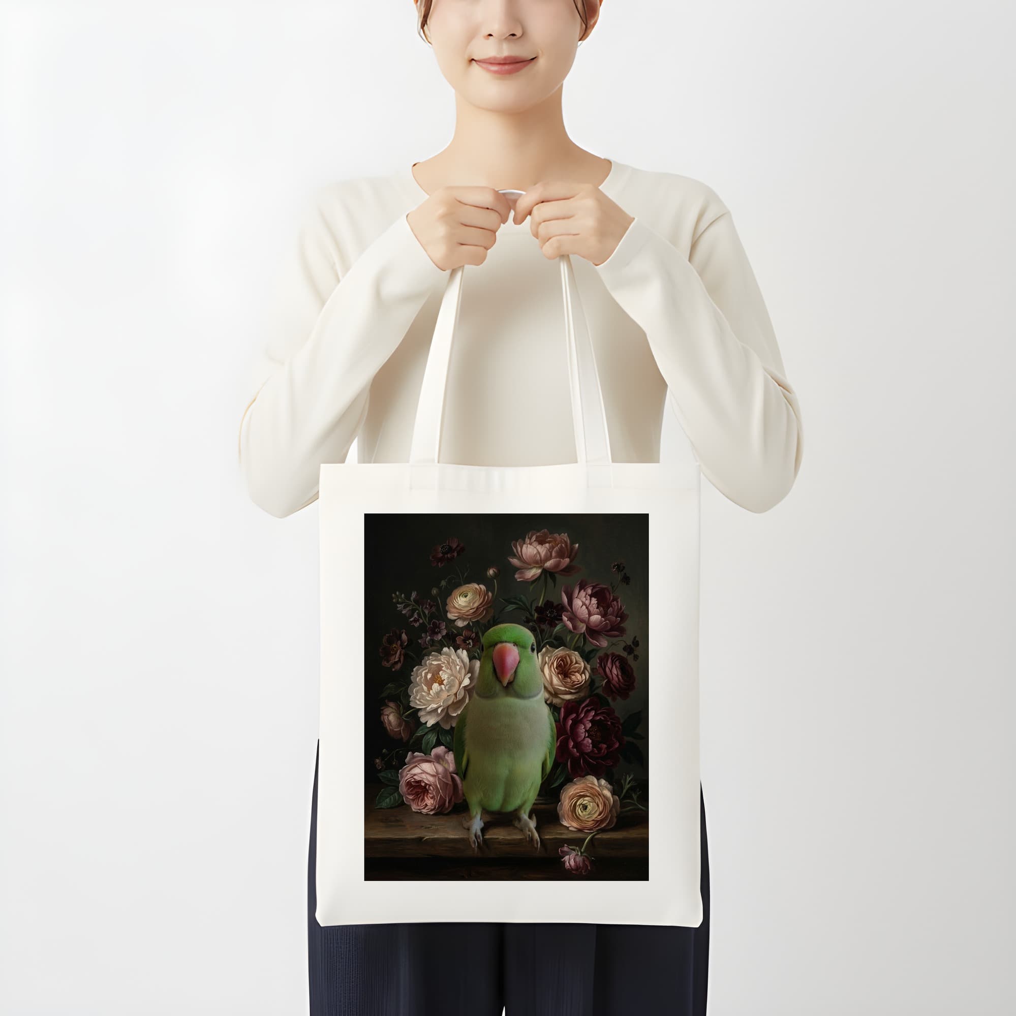 ワカケホンセイインコの花の油絵風アート花柄トートバッグ 3