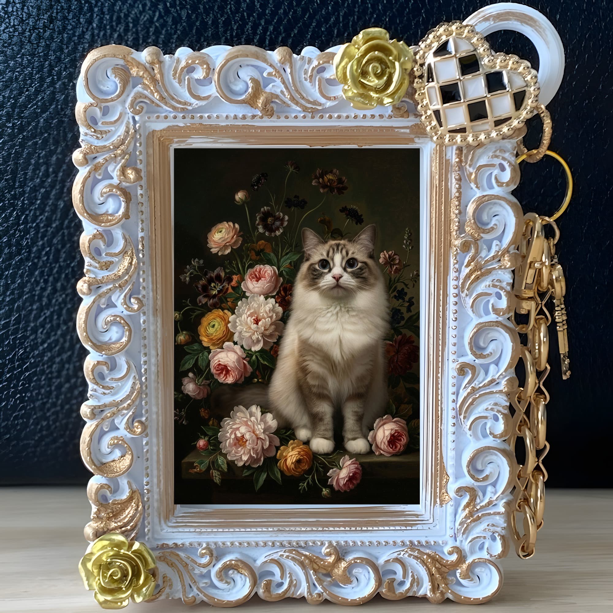 ラグドールの花の油絵風アート花柄バッグチャーム(ホワイト) 2