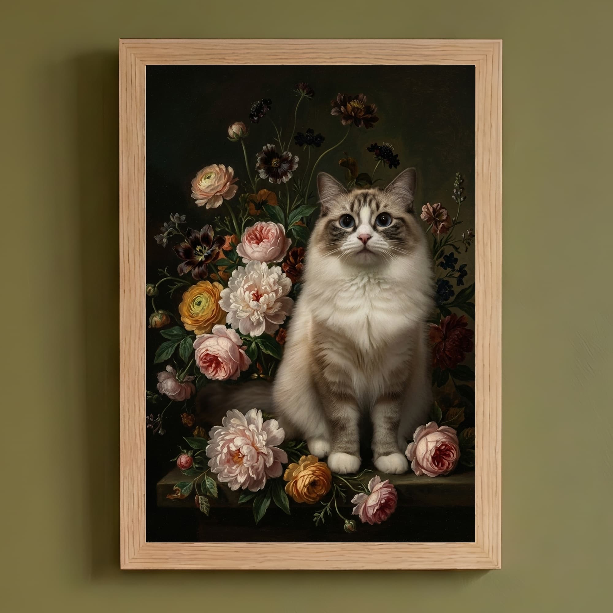 ラグドールの花の油絵風アート花柄額装プリント(A4サイズ)