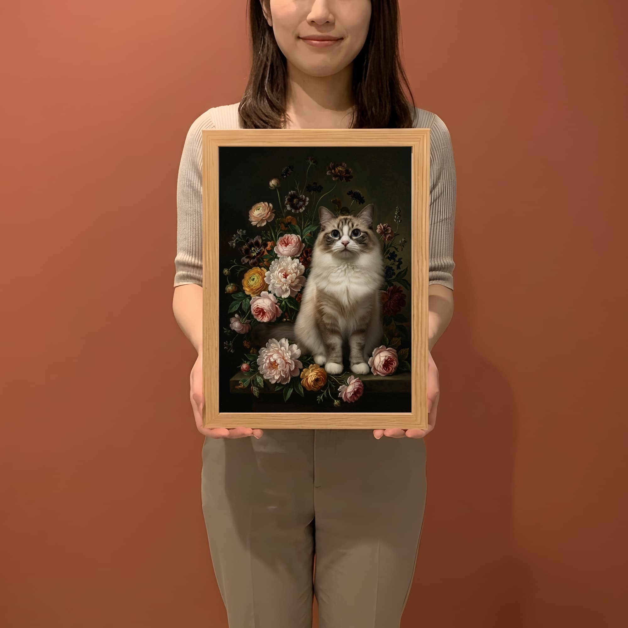 ラグドールの花の油絵風アート花柄額装プリント(A4サイズ) 2
