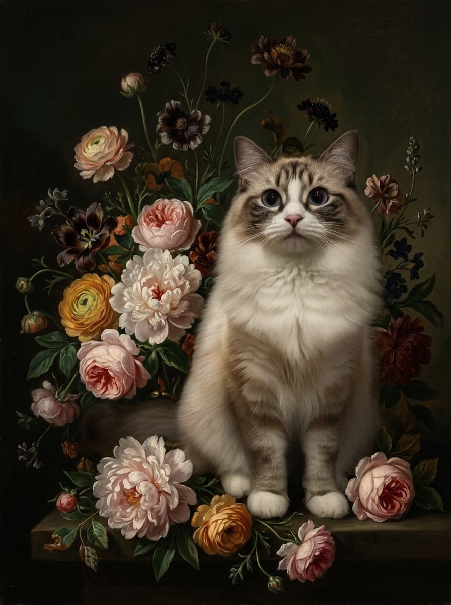 ラグドールの花の油絵風アート花柄額装プリント(A4サイズ) 4