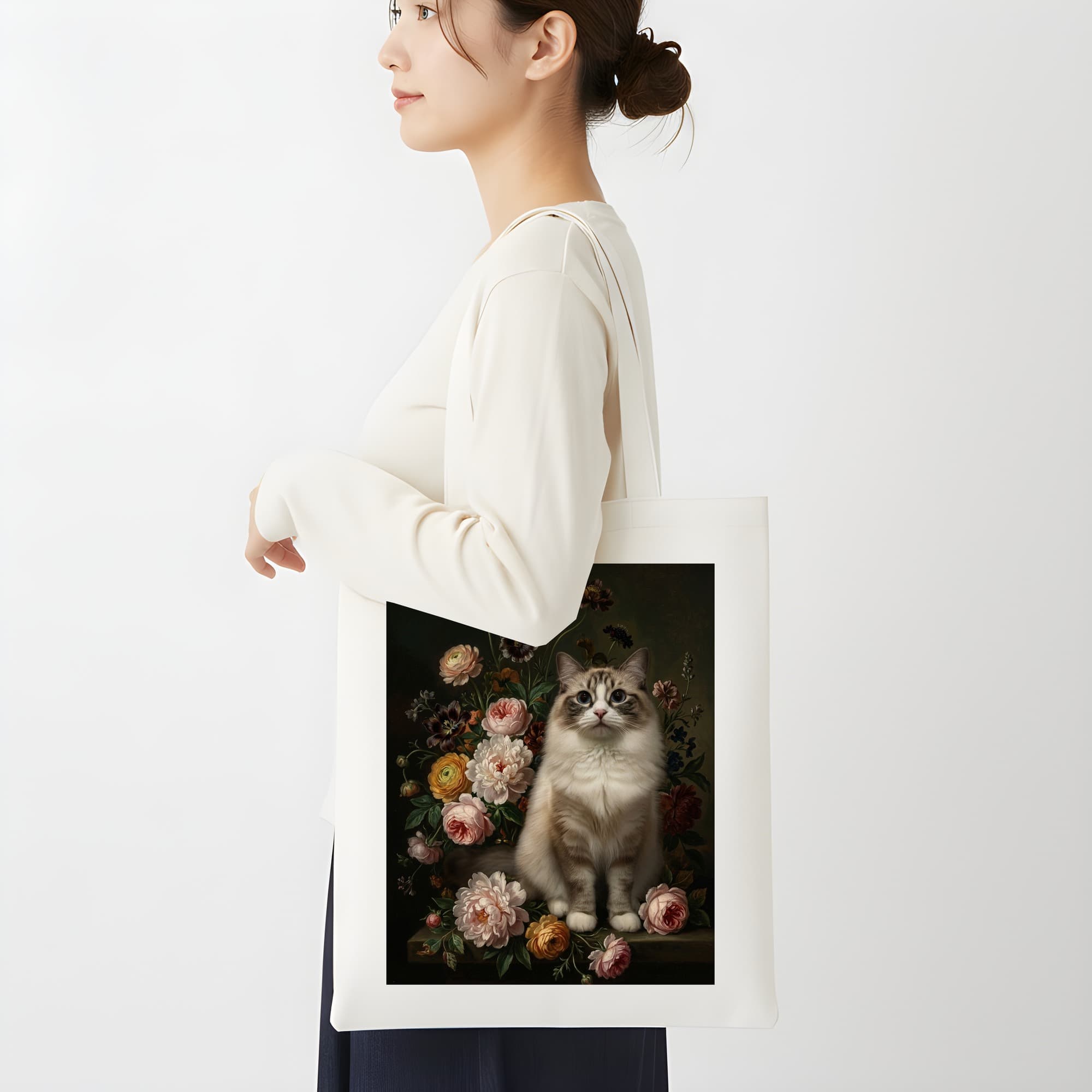 ラグドールの花の油絵風アート花柄トートバッグ 2