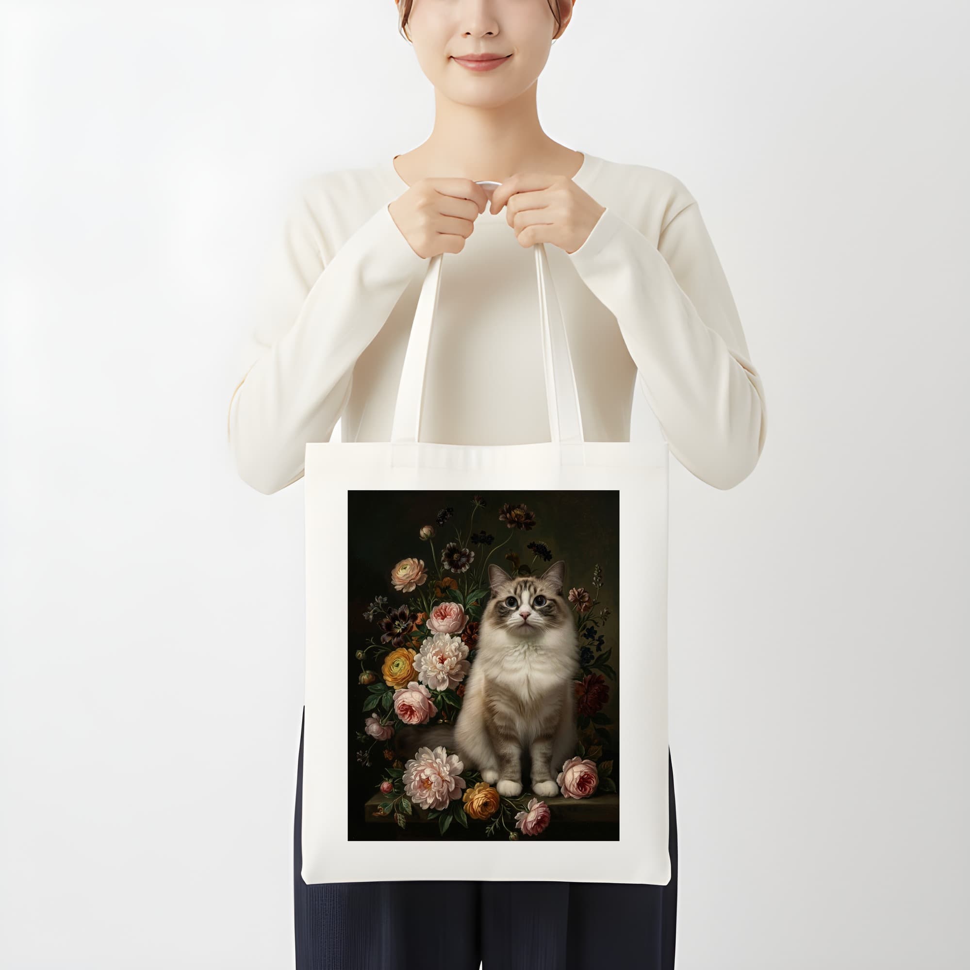 ラグドールの花の油絵風アート花柄トートバッグ 3