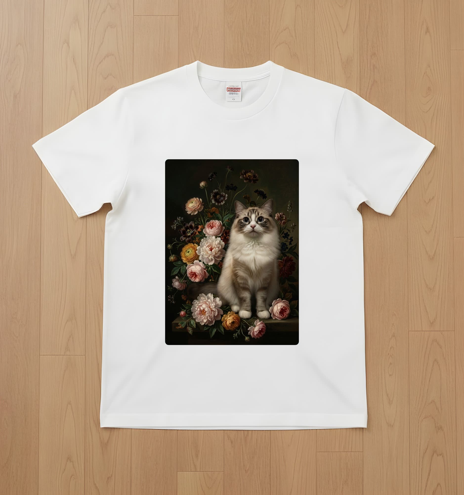 ラグドールの花の油絵風アート花柄Tシャツ(ホワイト)