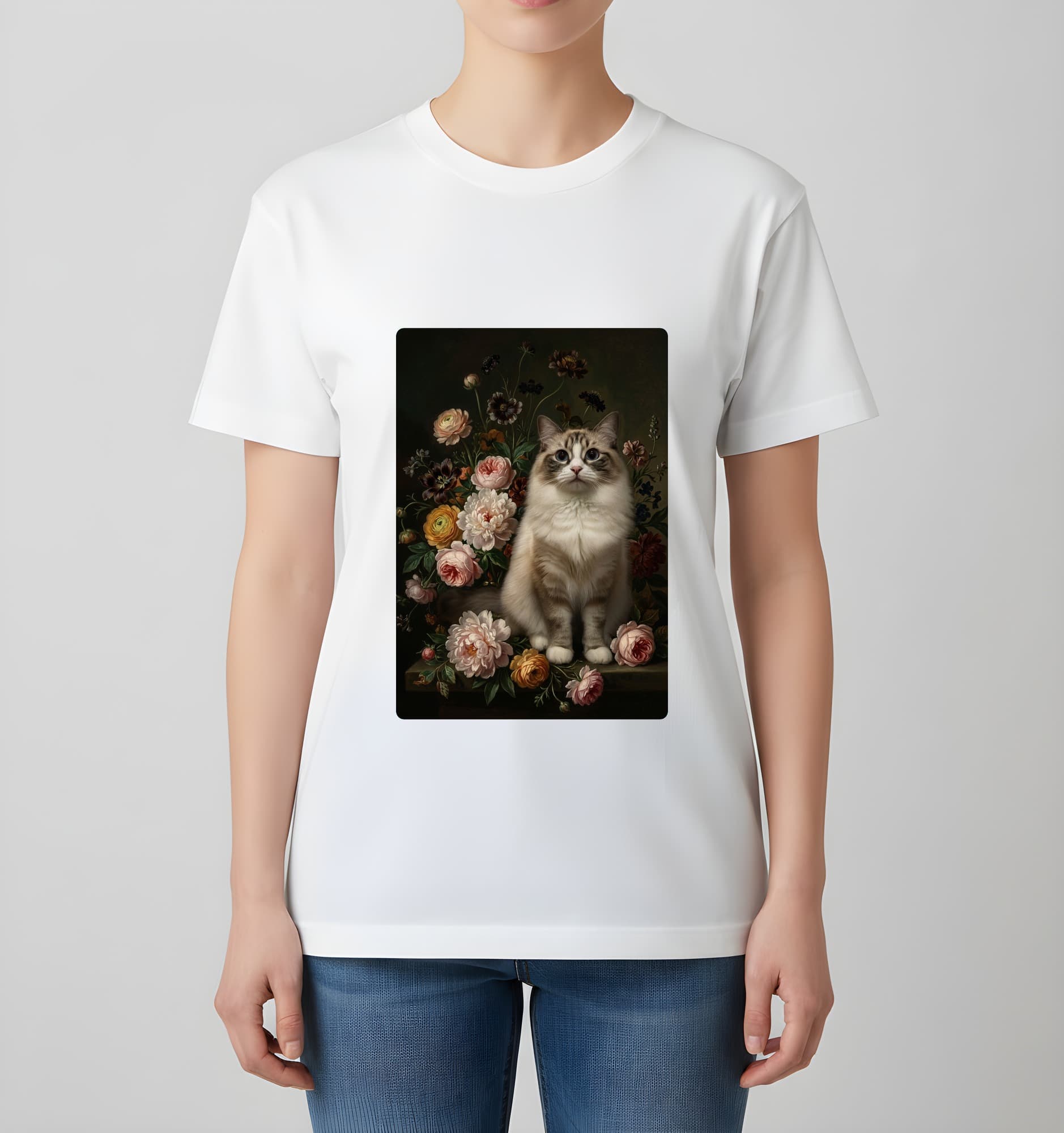ラグドールの花の油絵風アート花柄Tシャツ(ホワイト) 4
