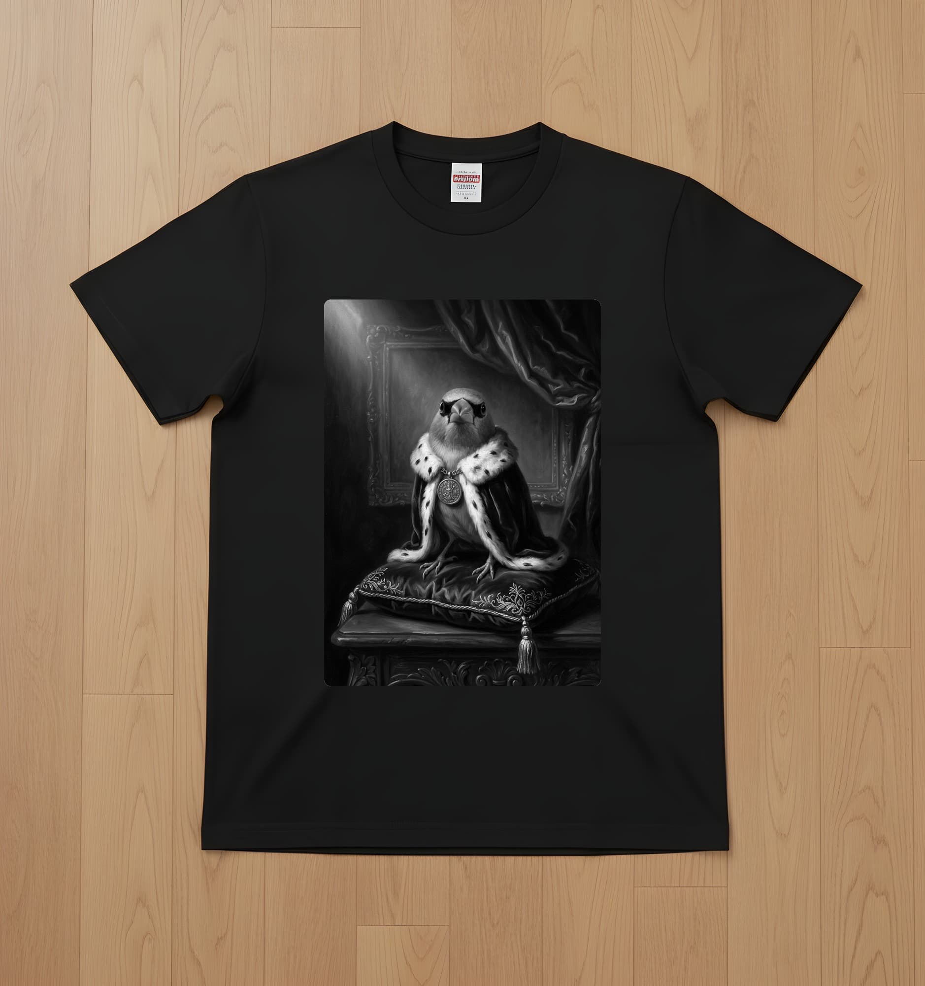 セイキチョウのルネサンス肖像画Tシャツ(ブラック・モノクロプリント・額縁なし)