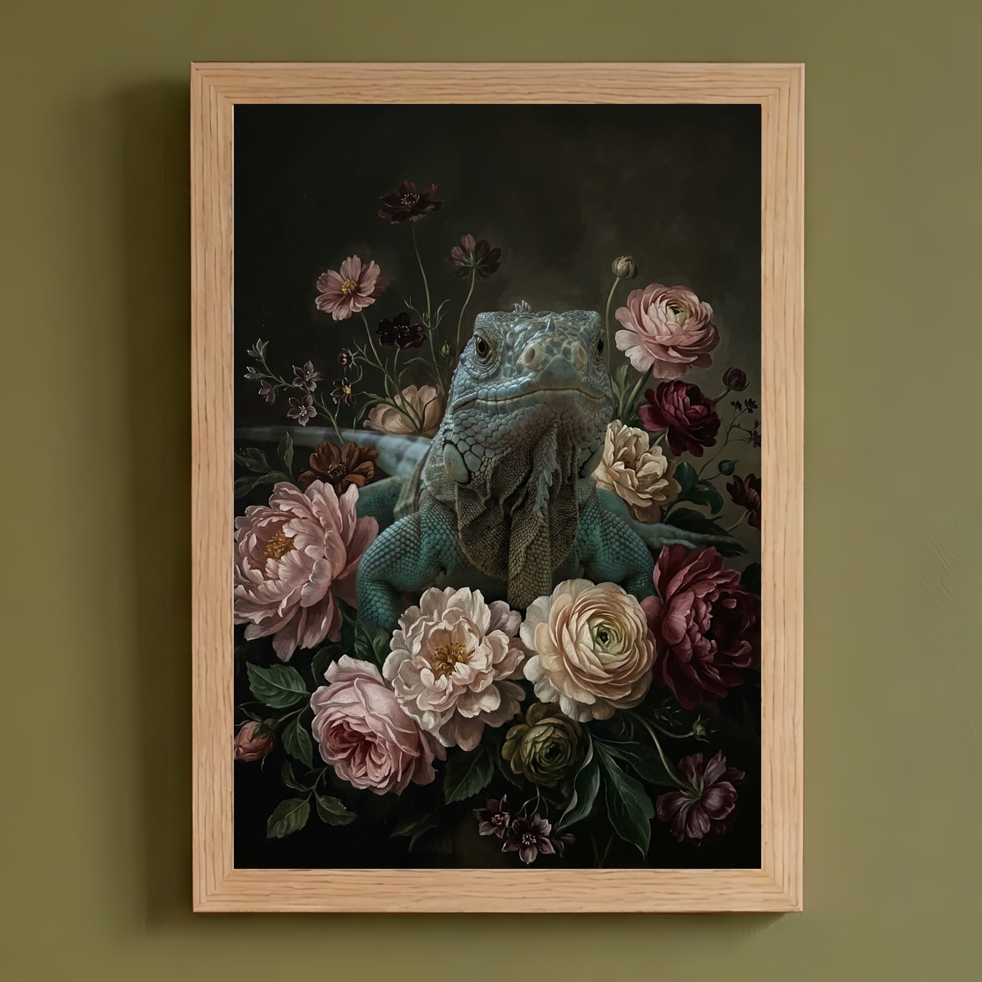 ブルーイグアナの花の油絵風アート花柄額装プリント(A4サイズ)