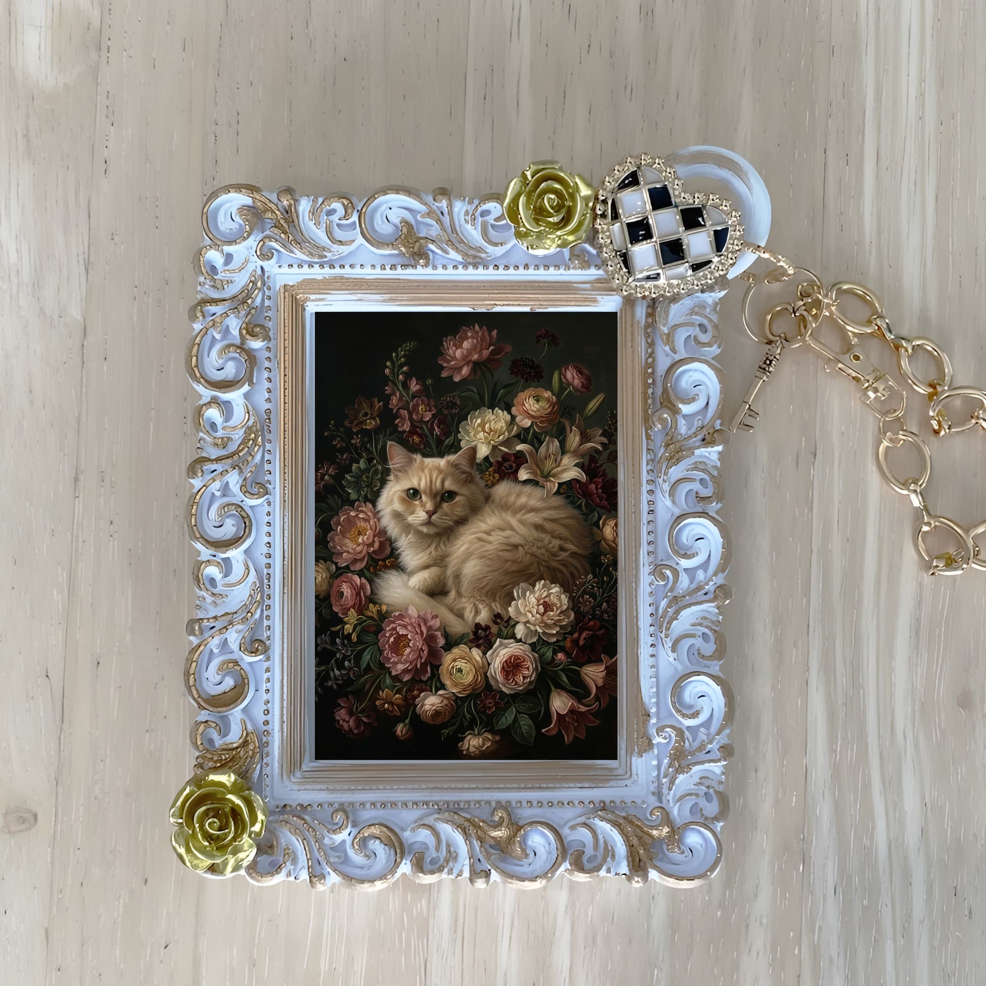 ペルシャ猫の花の油絵風アート花柄バッグチャーム(ホワイト)