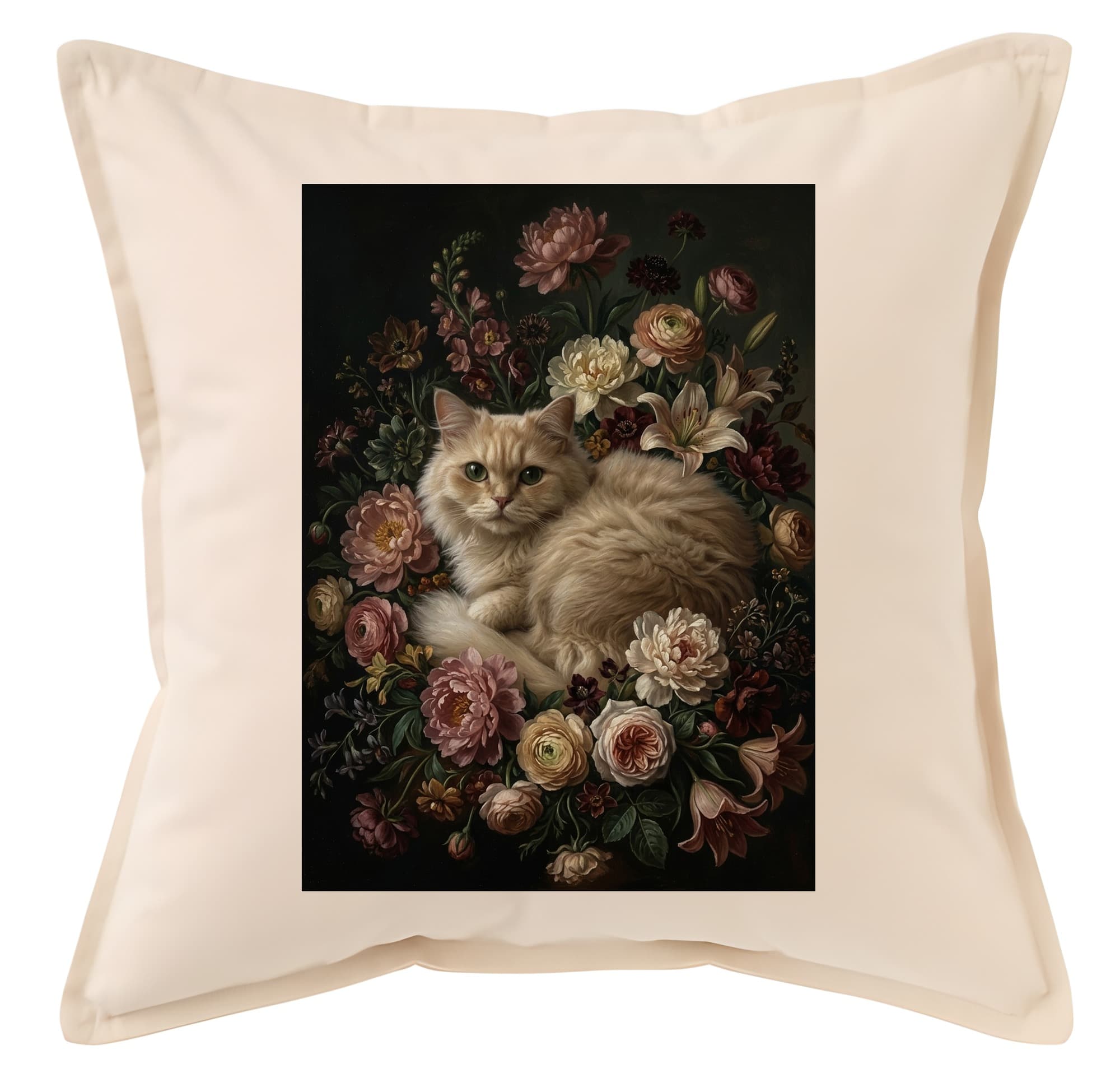 ペルシャ猫の花の油絵風アート花柄クッション