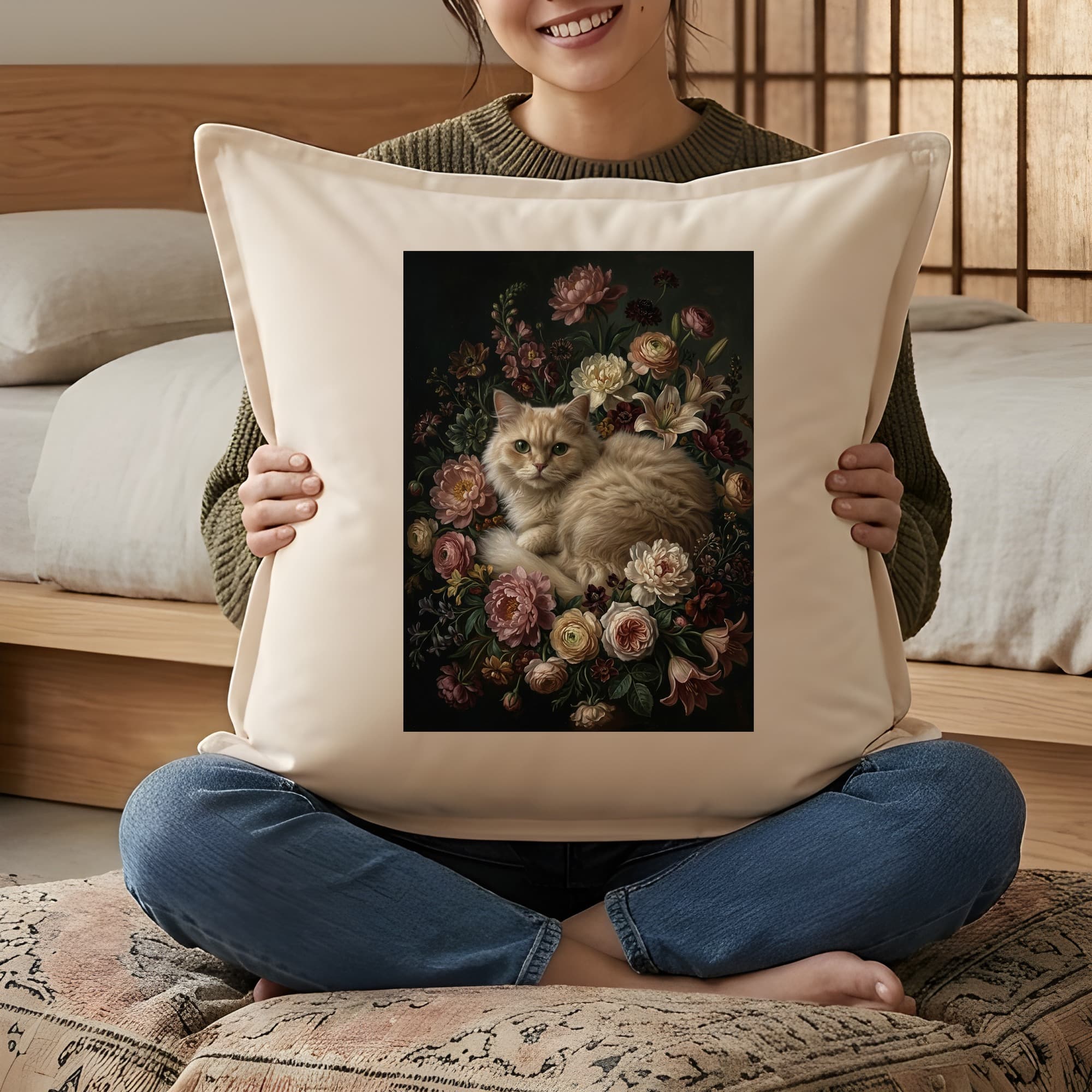 ペルシャ猫の花の油絵風アート花柄クッション 3