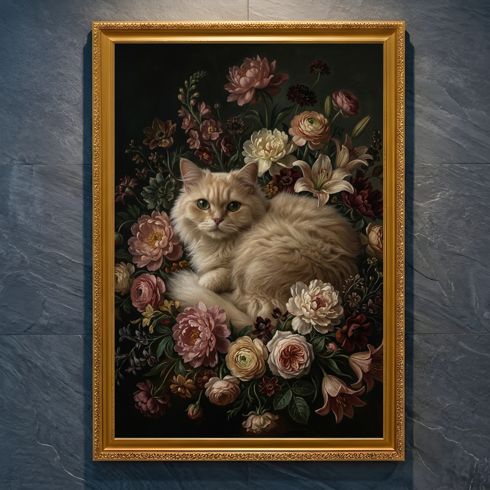 ペルシャ猫の花の油絵風アート花柄額装プリント(A4金縁)