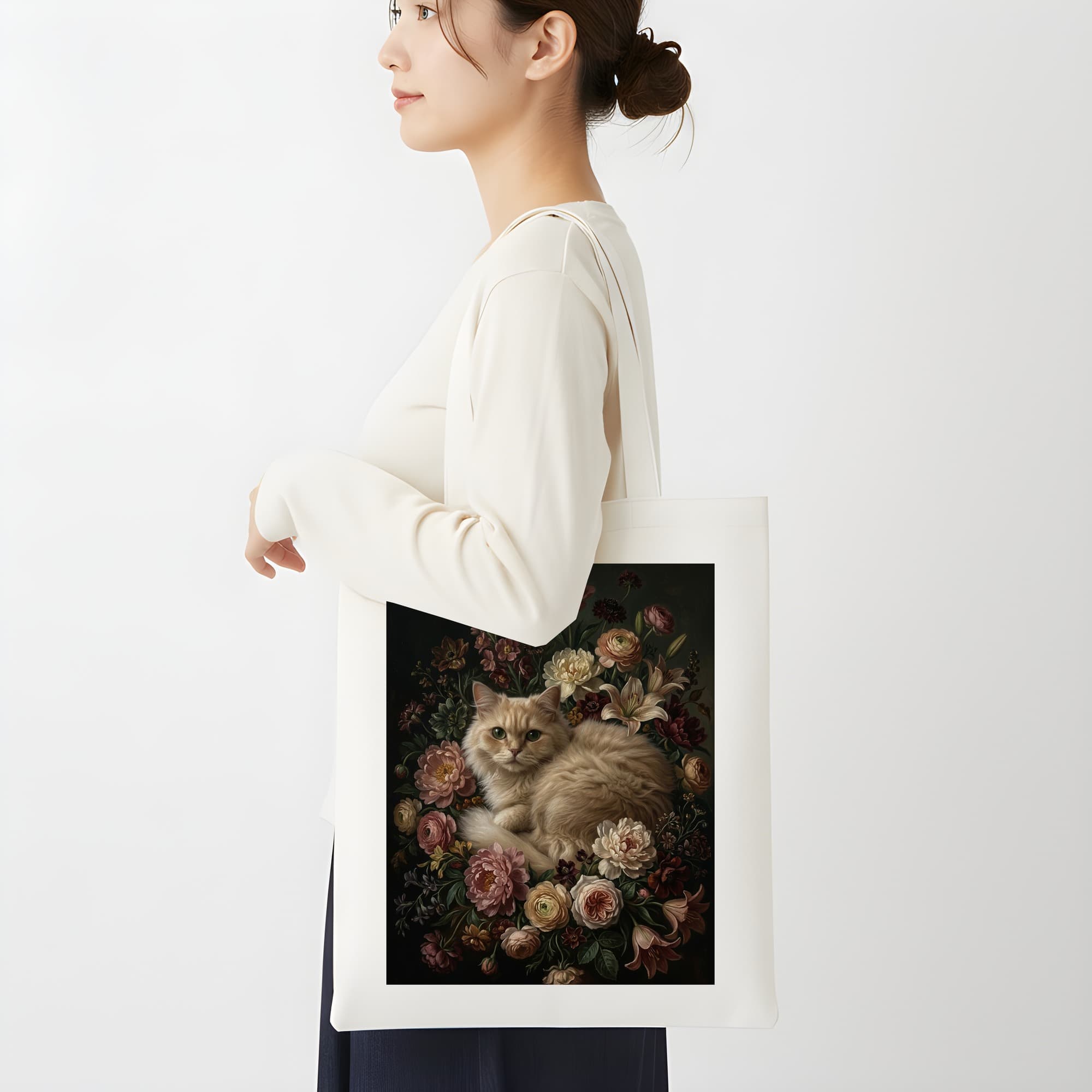 ペルシャ猫の花の油絵風アート花柄トートバッグ 2