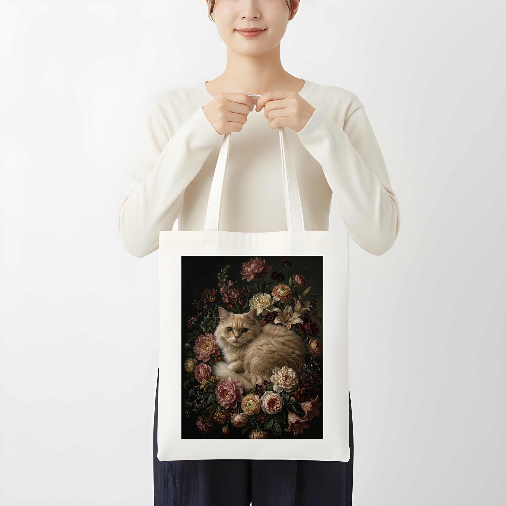 ペルシャ猫の花の油絵風アート花柄トートバッグ 3