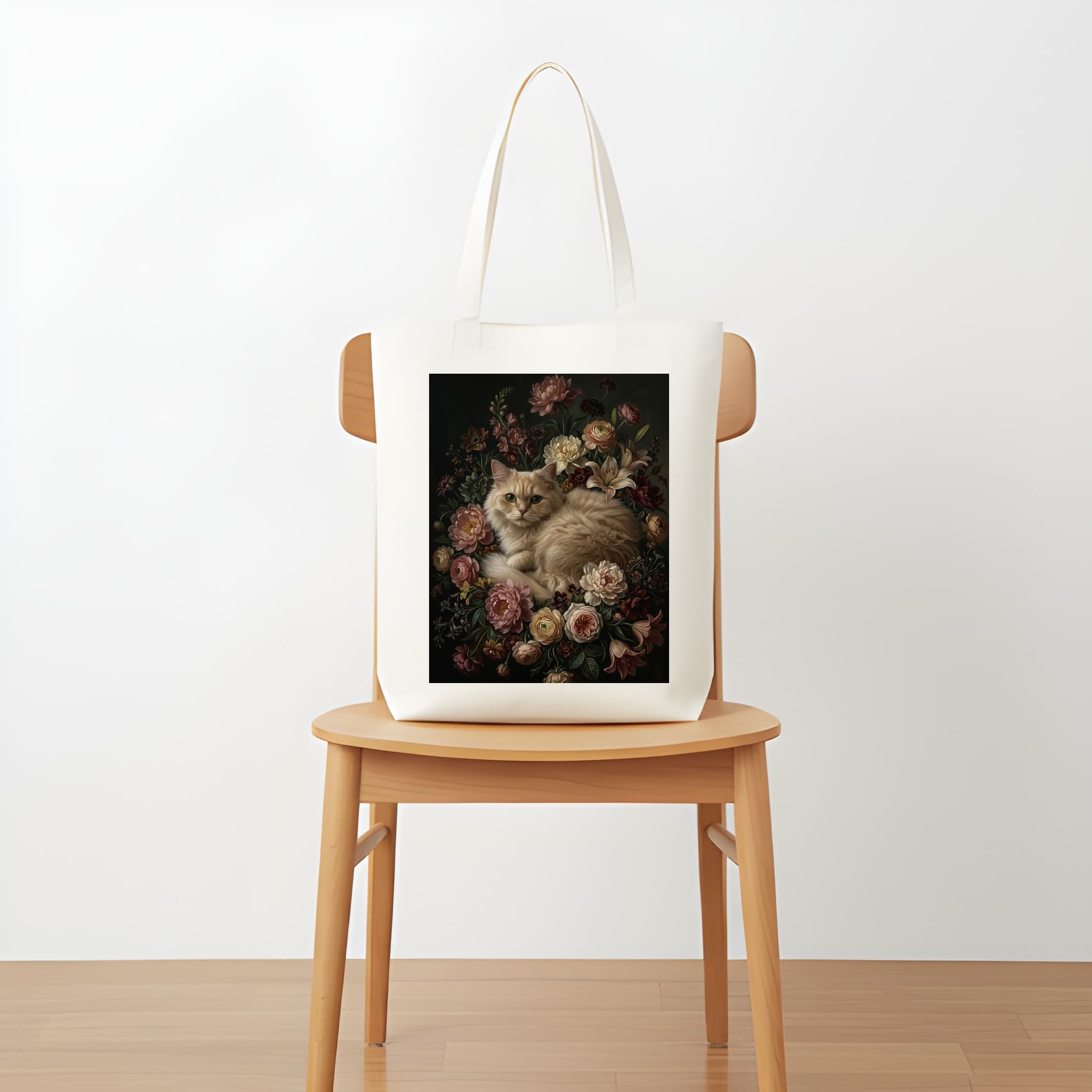 ペルシャ猫の花の油絵風アート花柄トートバッグ 5