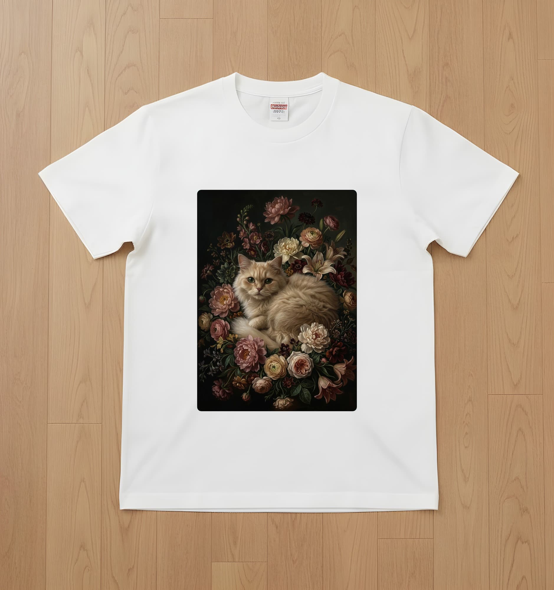 ペルシャ猫の花の油絵風アート花柄Tシャツ(ホワイト)