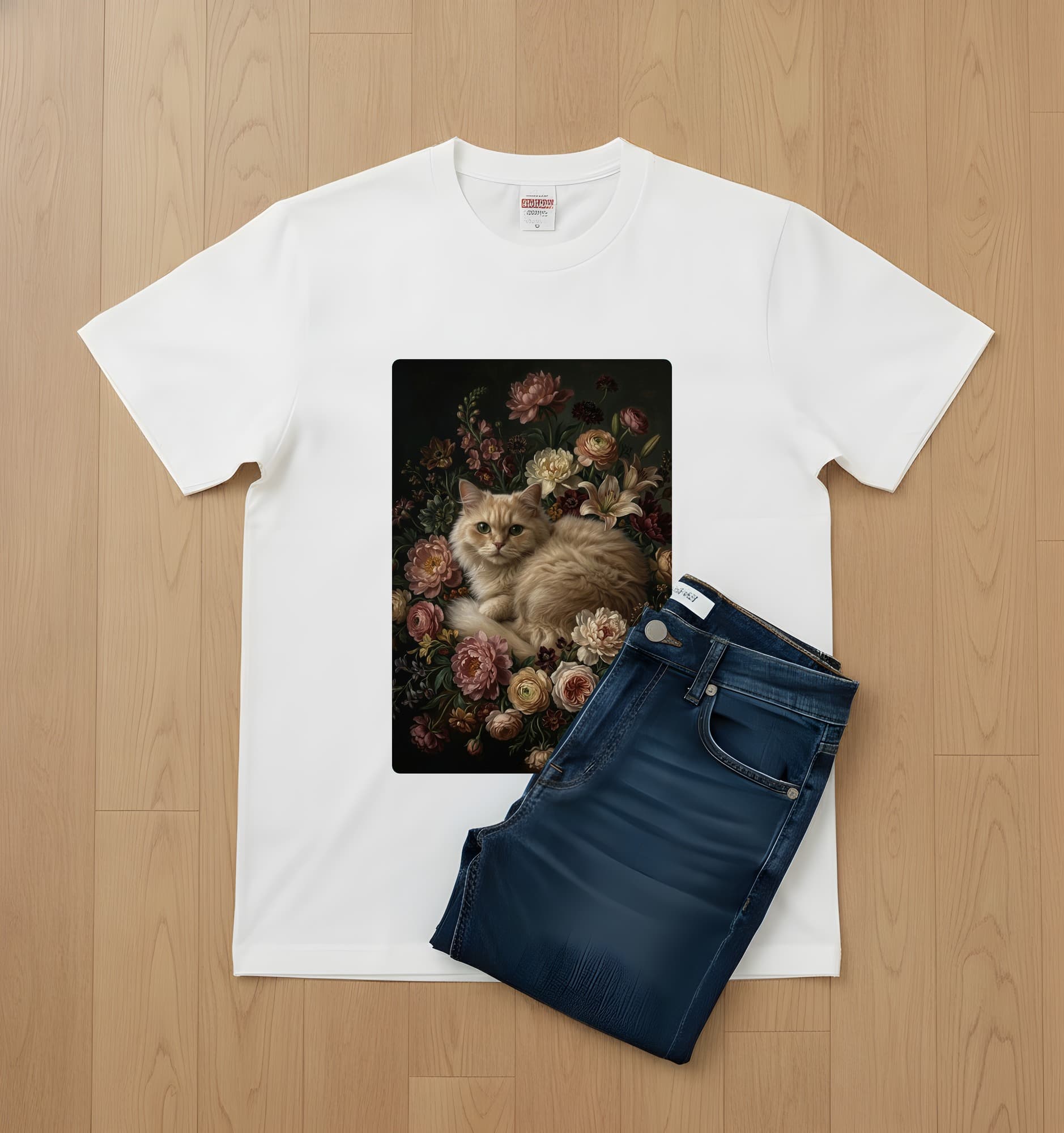 ペルシャ猫の花の油絵風アート花柄Tシャツ(ホワイト) 2
