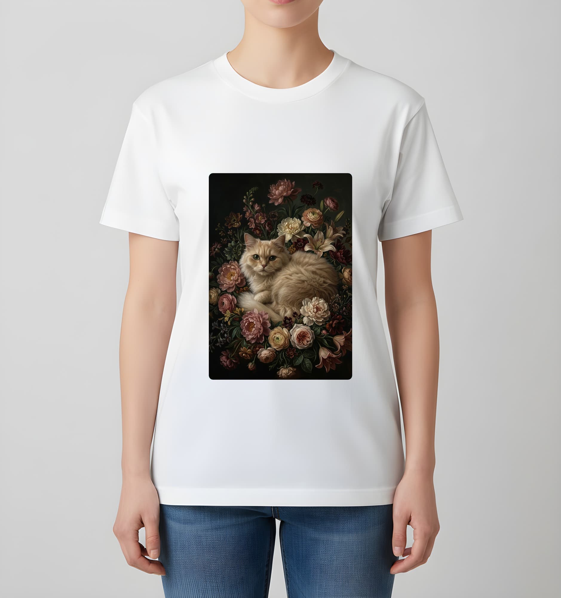 ペルシャ猫の花の油絵風アート花柄Tシャツ(ホワイト) 4