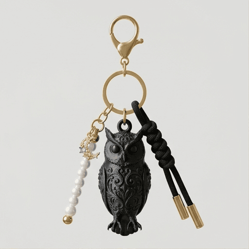 コノハズクのルネサンス肖像画キーホルダー(シルクブラック)