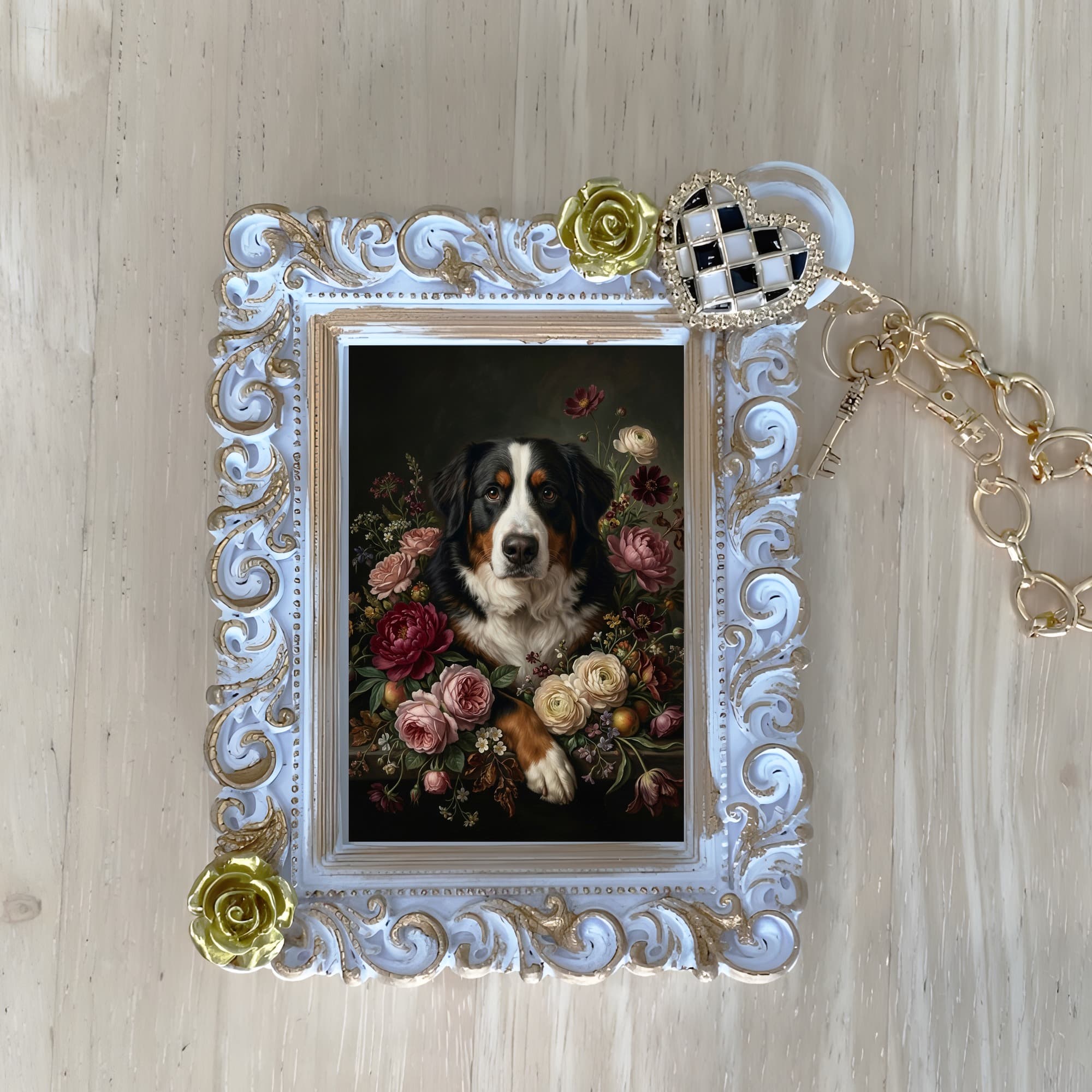 Bernese mountain dog Floral Oil-Painting Floral Bag Charm (White)