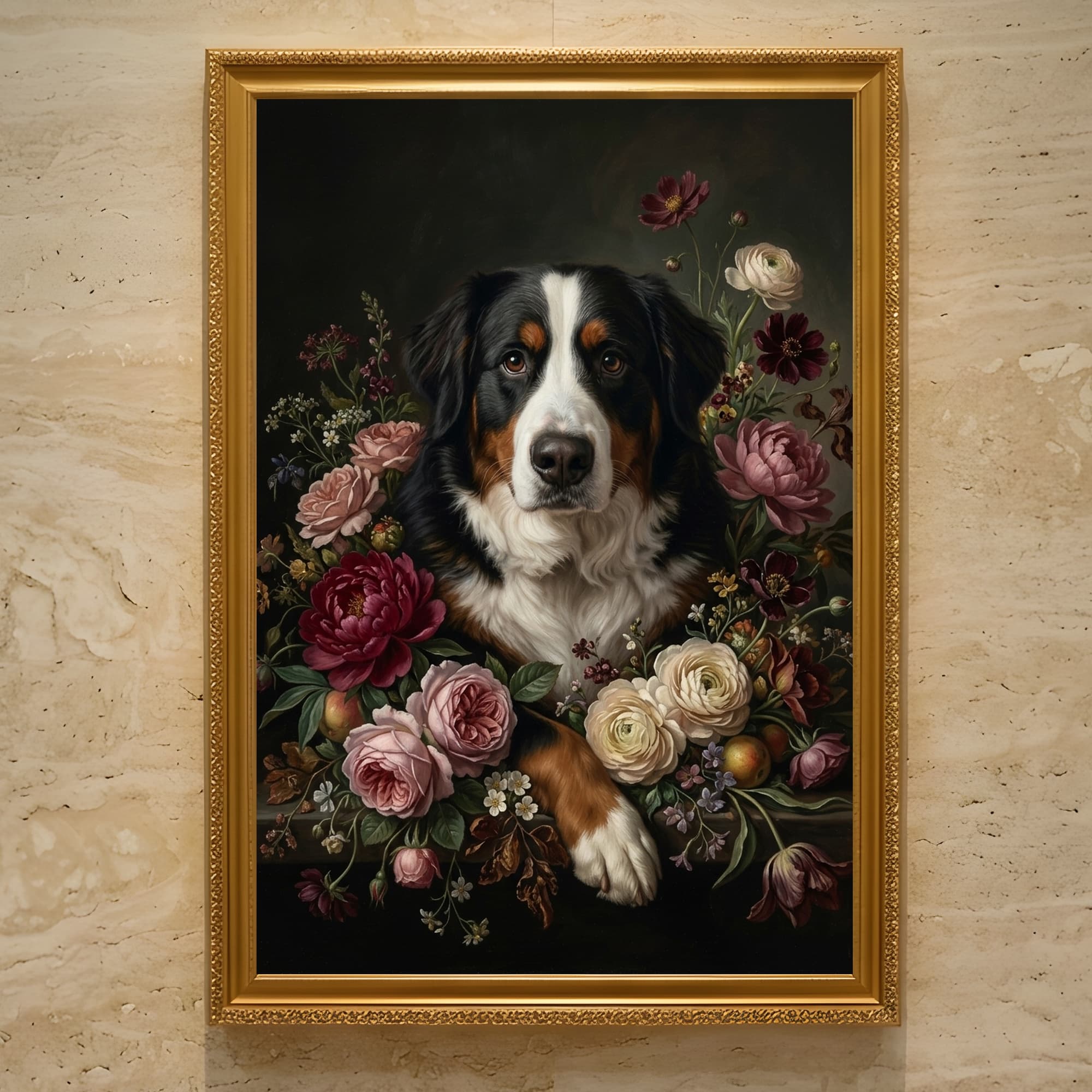 バーニーズマウンテンドッグの花の油絵風アート花柄額装プリント(A3サイズ)