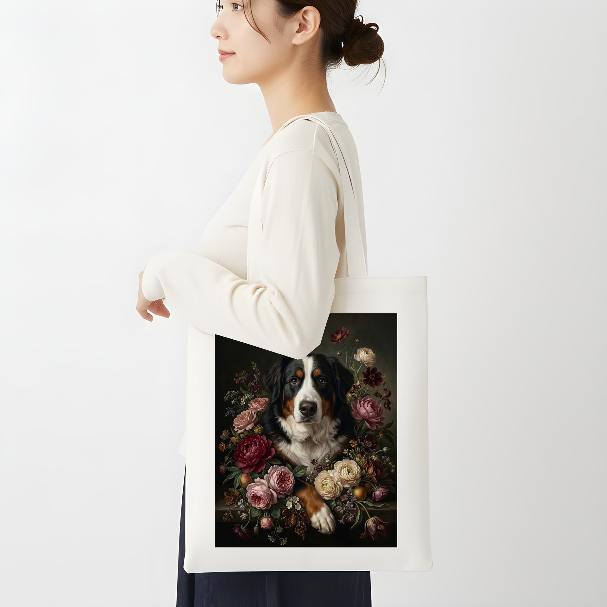 バーニーズマウンテンドッグの花の油絵風アート花柄トートバッグ 2