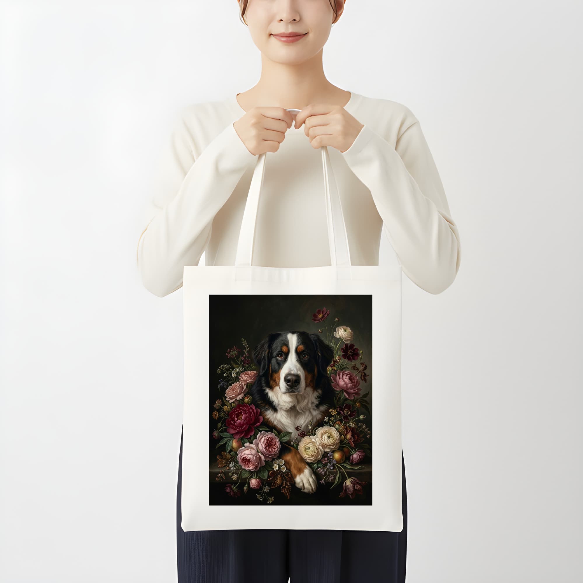 バーニーズマウンテンドッグの花の油絵風アート花柄トートバッグ 3
