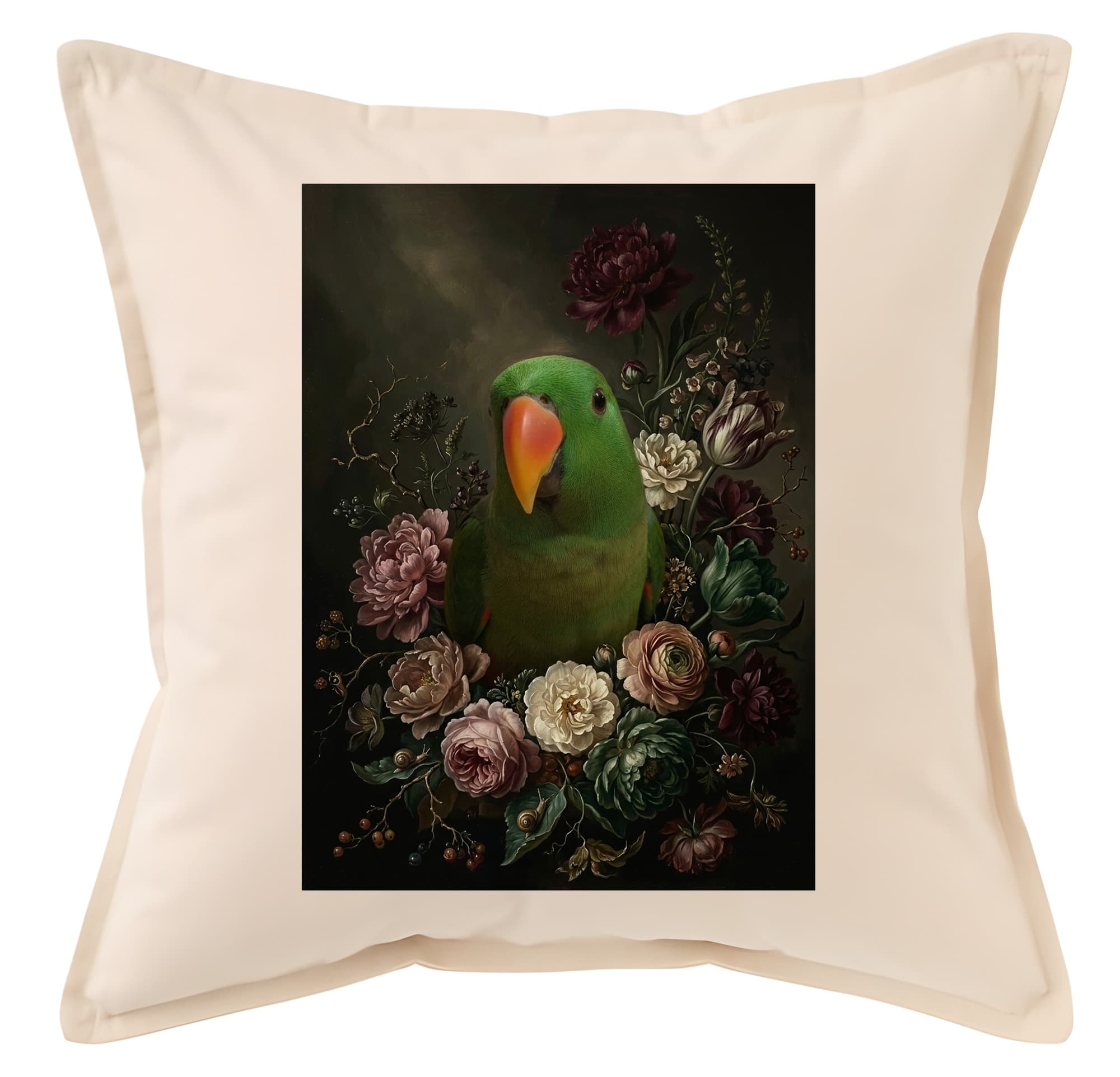 オオハナインコの花の油絵風アート花柄クッション
