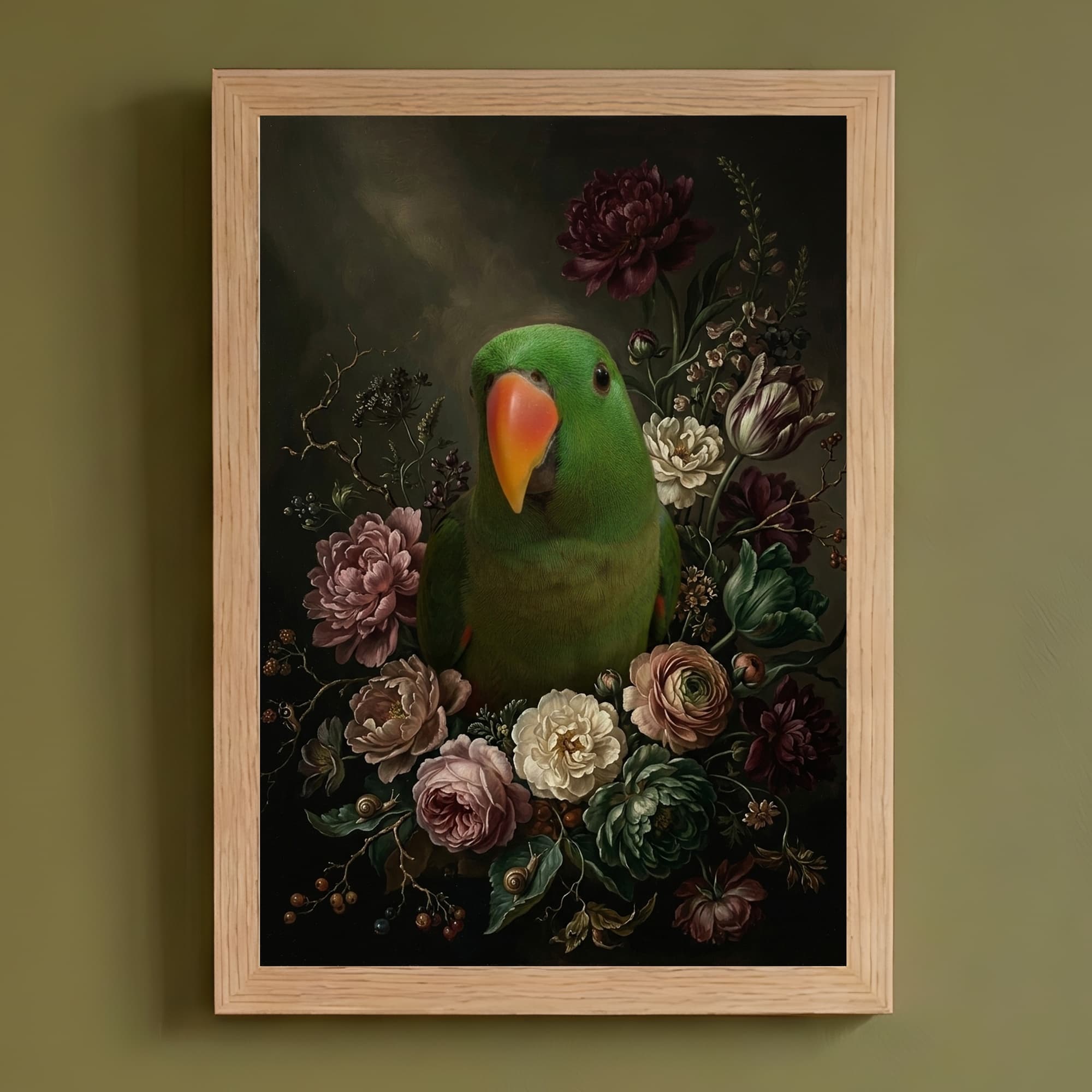 オオハナインコの花の油絵風アート花柄額装プリント(A4サイズ)