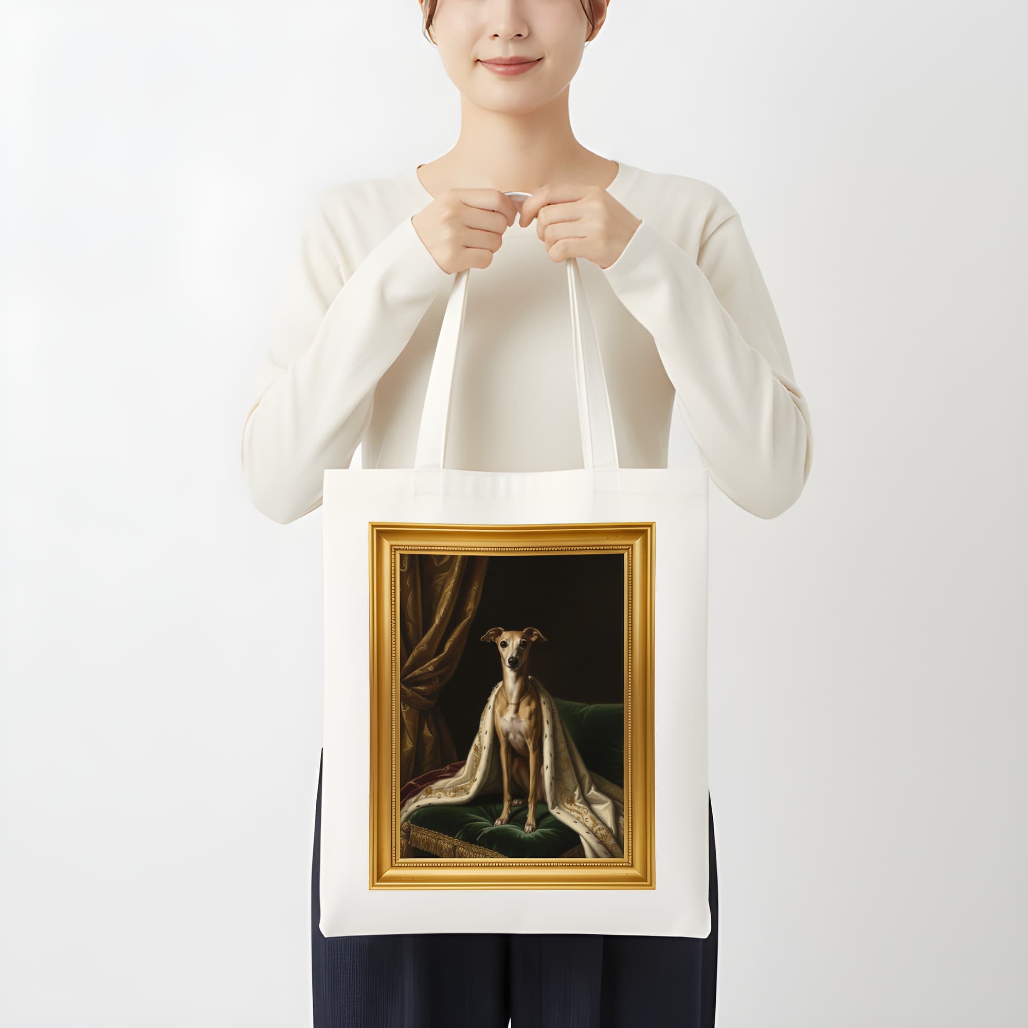 イタリアングレーハウンドのルネサンス肖像画トートバッグ(カラープリント・額縁デザインあり) 3
