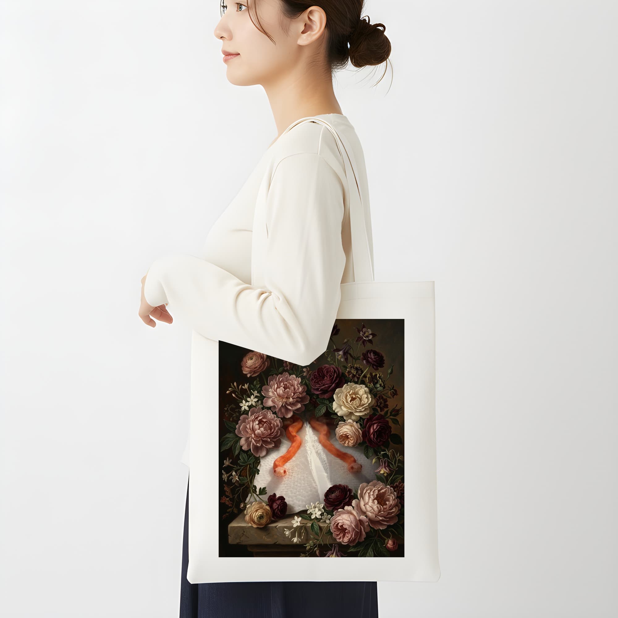 レッドイグアナの花の油絵風アート花柄トートバッグ 2