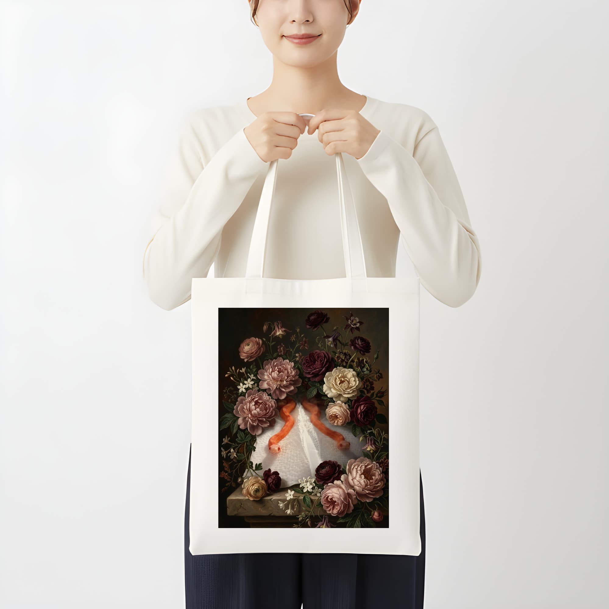 レッドイグアナの花の油絵風アート花柄トートバッグ 3